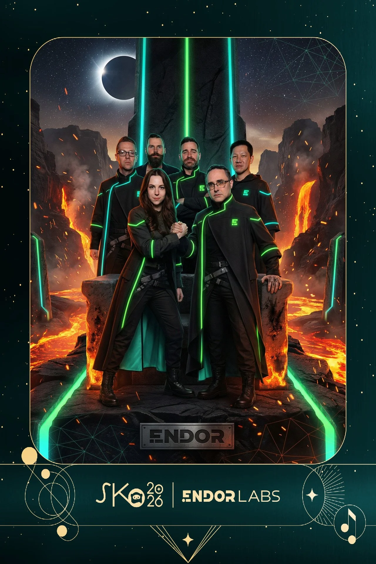 Group of six people dressed in black futuristic costumes with green neon accents posing in front of a sci-fi landscape with lava and mountains, brands 'ENDOR' and 'ENDOR LABS' visible.