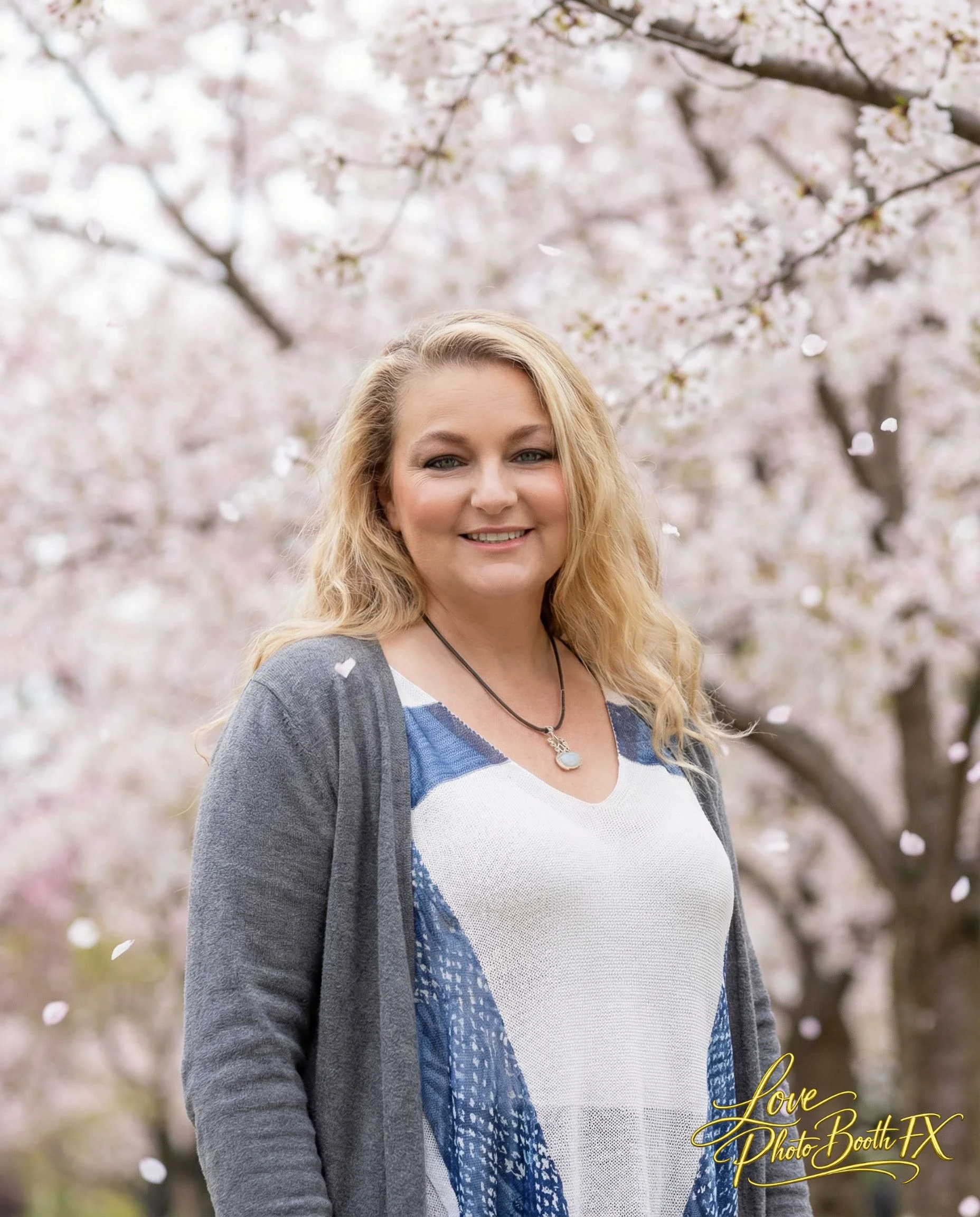A woman with blonde hair smiling outdoors in front of blooming cherry blossom trees.