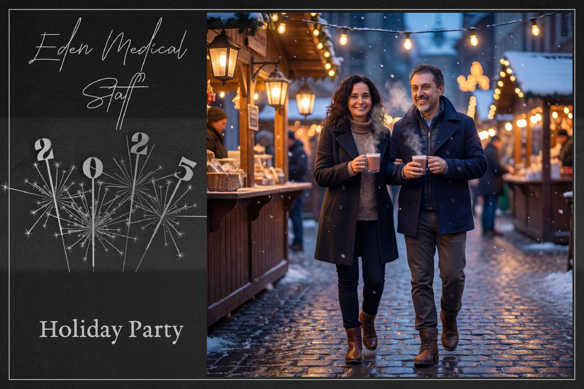 A festive holiday scene at an outdoor winter market with two smiling people, a woman and a man, walking arm in arm while holding warm drinks, decorated with string lights and snow, with a layout callout for a holiday party event.