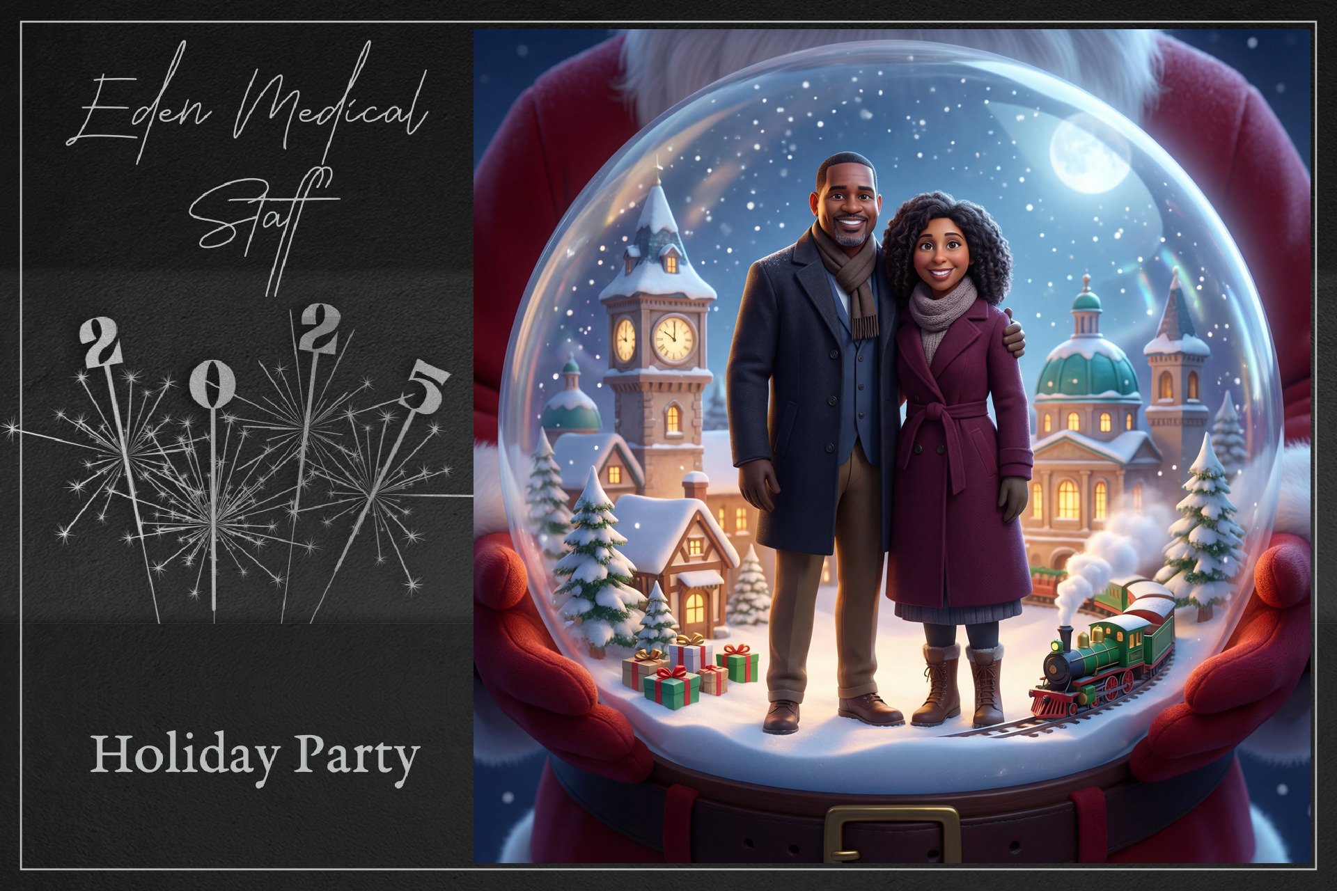 A holiday card with a snow globe scene of a smiling couple standing inside, surrounded by a snowy town with Christmas trees, presents, a clock tower, and a train. The left side of the card has handwritten text saying 'Eden Medical Staff' and a graphi
