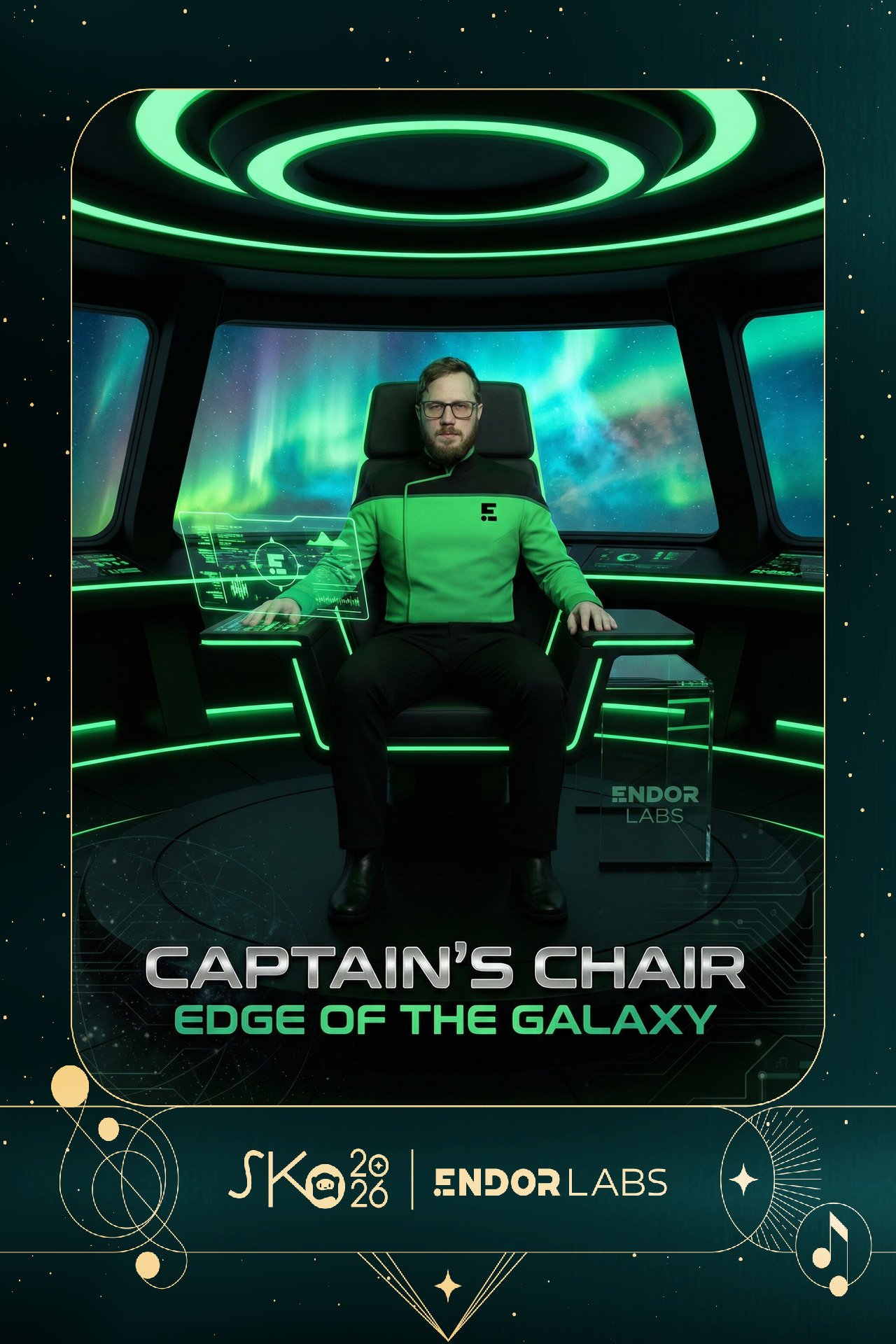 A person dressed in a futuristic green and black uniform sitting in a high-tech captain's chair inside a spaceship bridge with a view of the Northern Lights outside the window. The scene features glowing green accents and holographic displays, with t