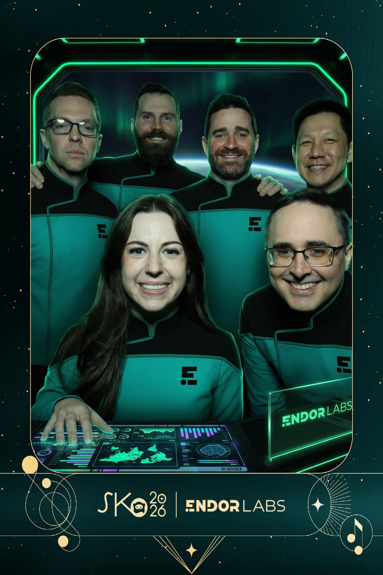 Six people in futuristic space-themed attire gathered around a holographic display with a map and graphs, inside a space station or spacecraft with Earth and the Northern Lights in the background, promoting Endor Labs at SKO 2026.