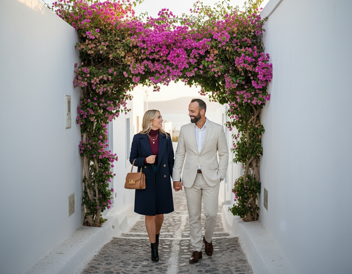 A couple walking hand in hand through a white alleyway framed with pink and purple bougainvillaea flowers.