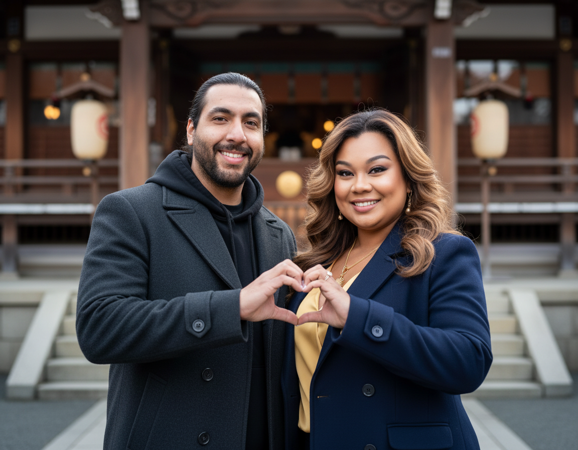 A smiling man and woman standing outside, making a heart shape with their hands and facing the camera.