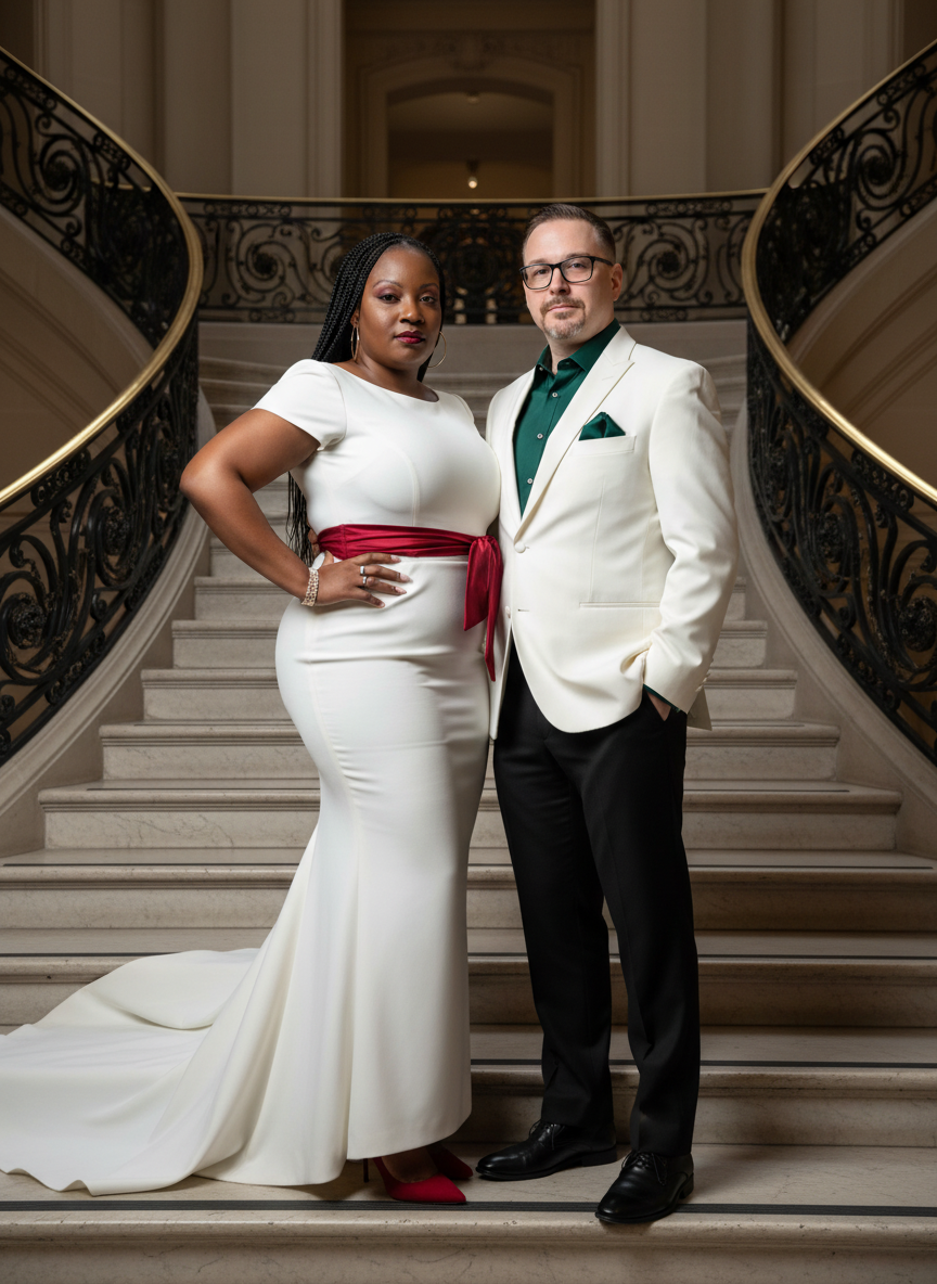 A couple standing on a grand staircase in an elegant building, dressed in formal attire. The woman wears a white gown with a red sash and red heels, while the man wears a white blazer with a green shirt and black pants."