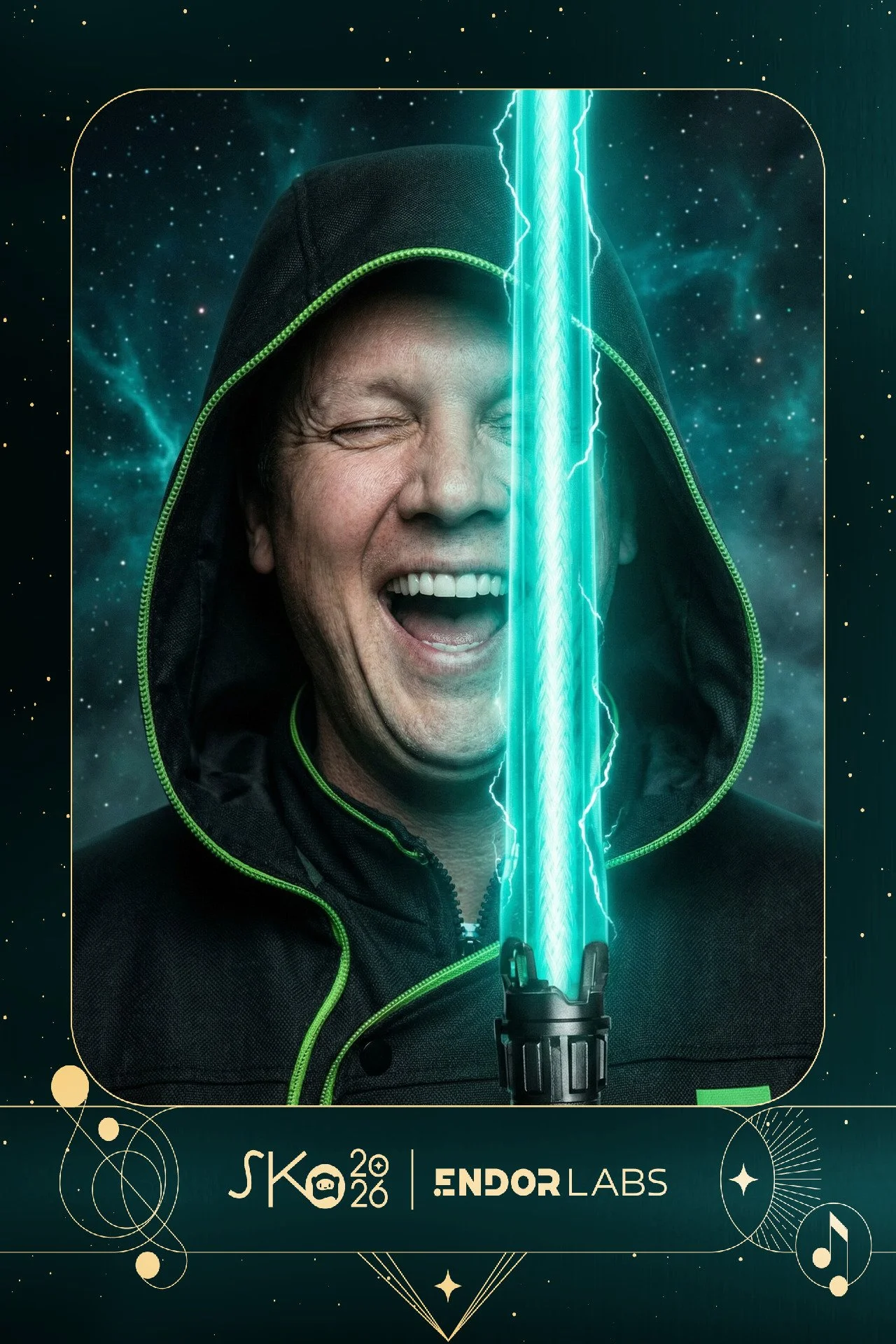 A man dressed in a black hoodie with neon green accents, smiling with his eyes closed, holding a glowing blue lightsaber with lightning effects, set against a space background with stars and nebulae, with logos and text at the bottom reading 'SKO 202
