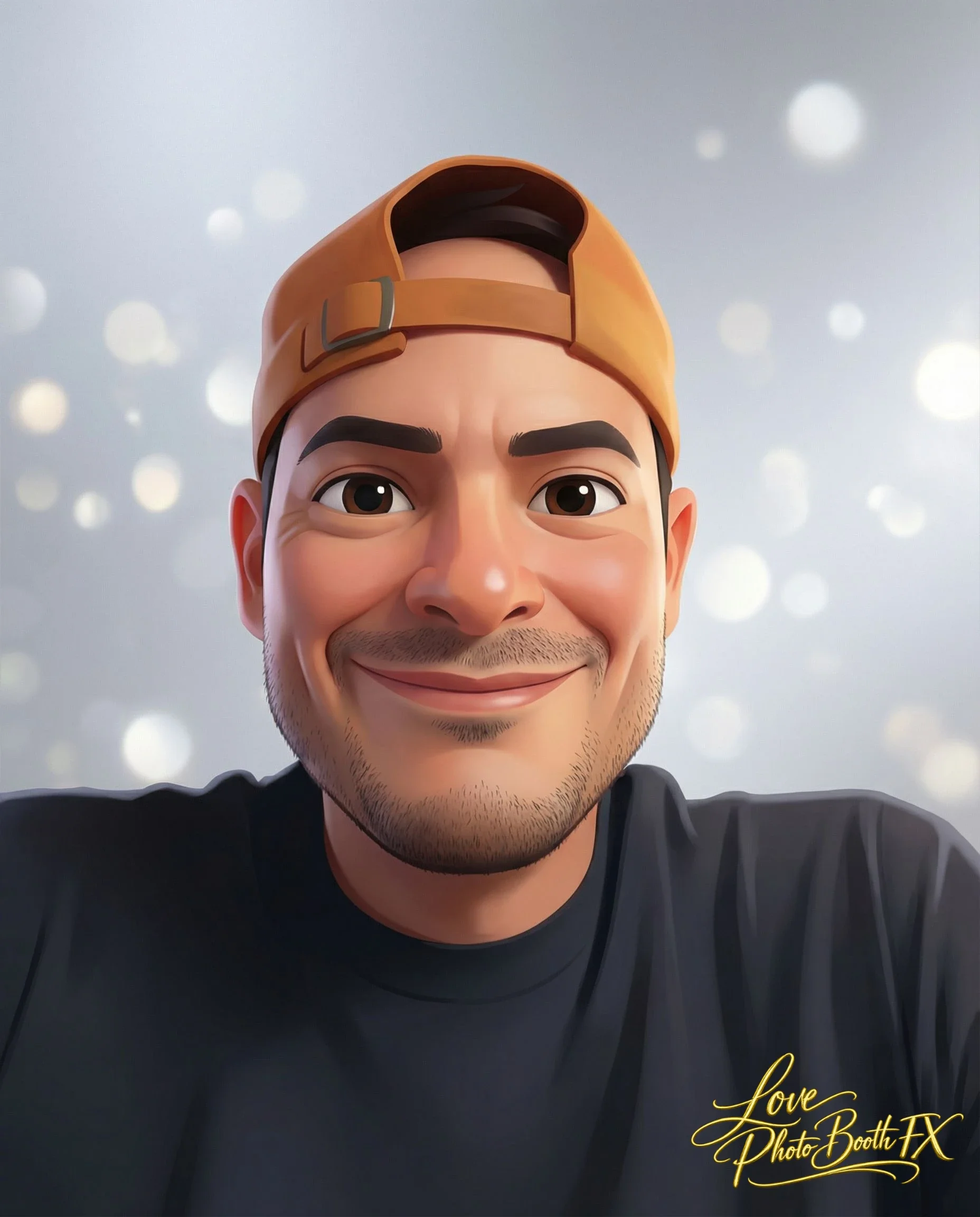 A digitally animated portrait of a smiling man wearing a backward orange cap and a black shirt, with a light gray background featuring white bokeh lights. The text 'Love Photo Booth FX' is in the lower right corner.