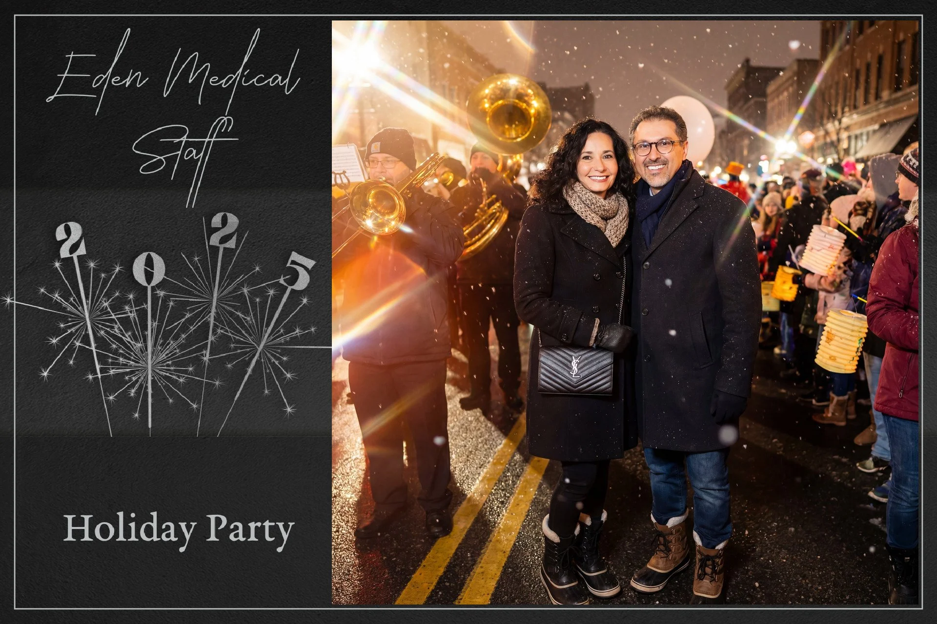 A happy couple attending a holiday celebration in winter, standing on a decorated city street at night with a brass band playing behind them, surrounded by a crowd of people and festive lights.