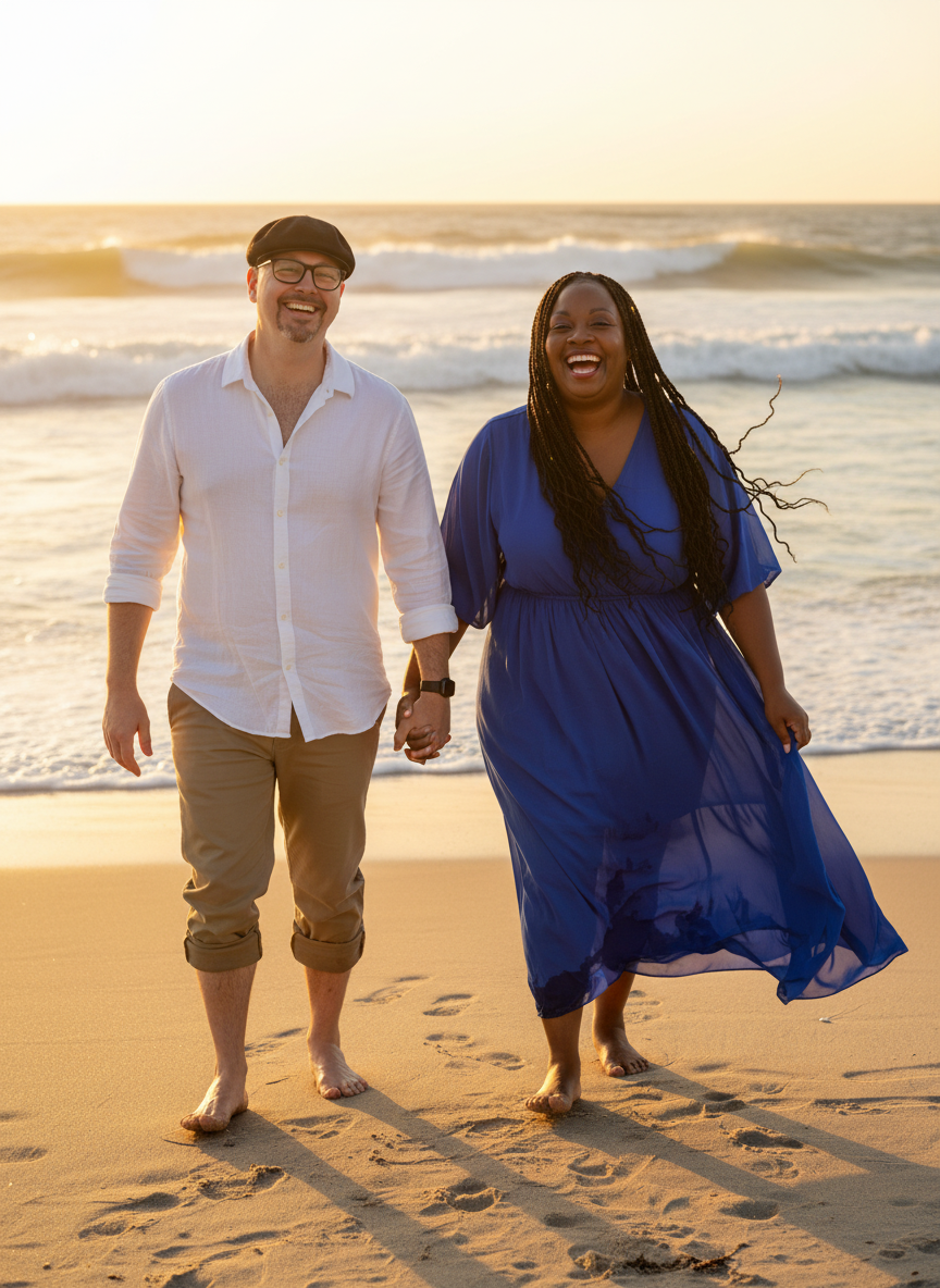 A smiling couple walking hand in hand on the beach at sunset, with waves in the background.