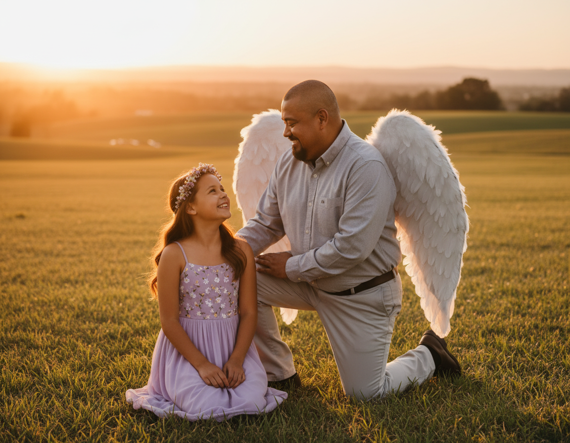 A man with angel wings kneeling on one knee, holding a young girl in a purple dress, at sunset in an open field.