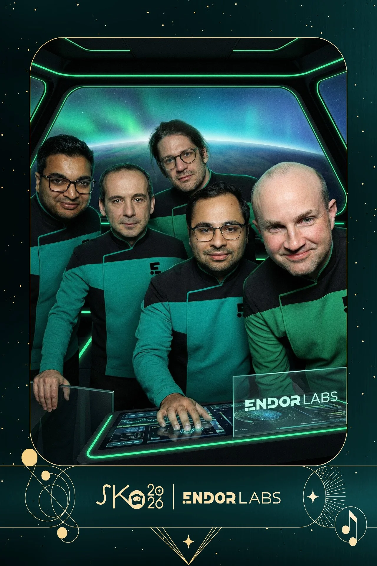 A team of five scientists in futuristic uniforms posing inside a spaceship with Earth and the Northern Lights visible through the window, promoting Endor Labs at SKO 2026.