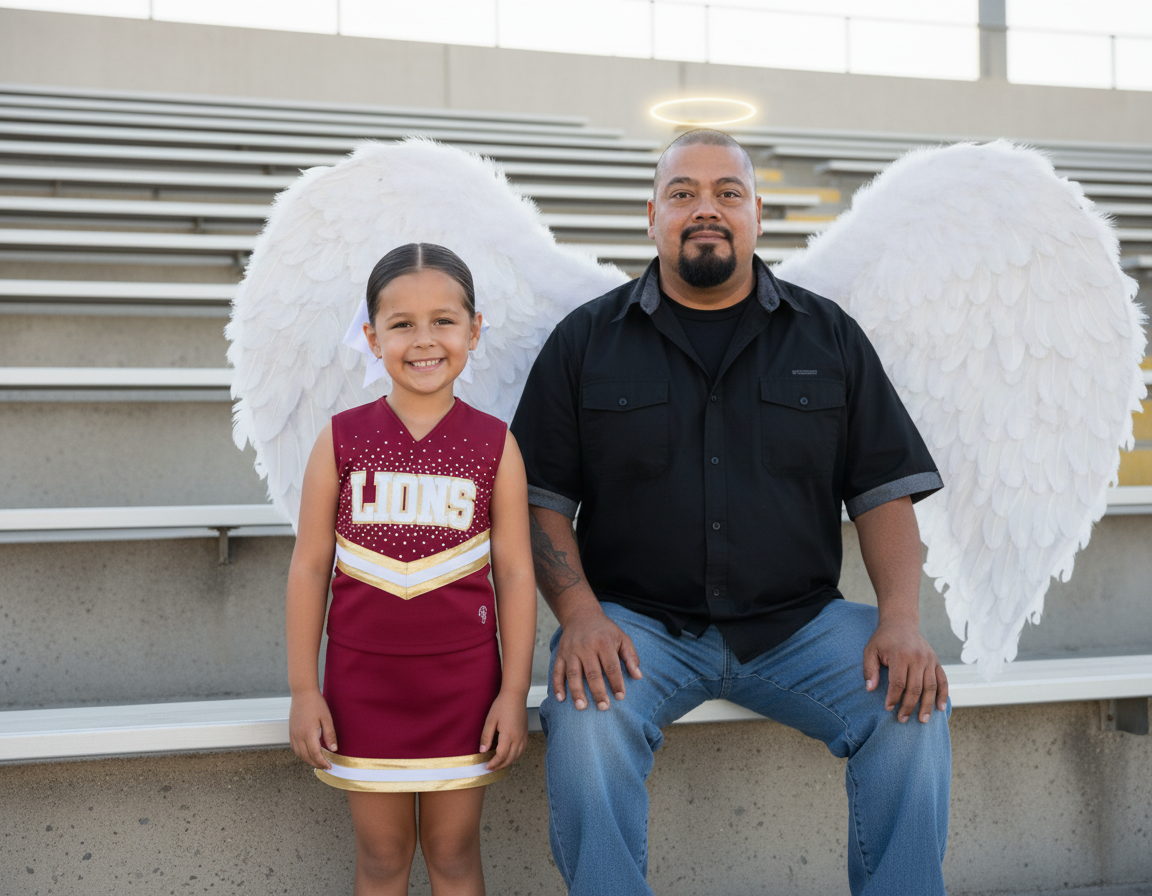 A young girl in a cheerleading uniform sitting next to an adult man with angel wings and a halo on his head in an outdoor stadium.