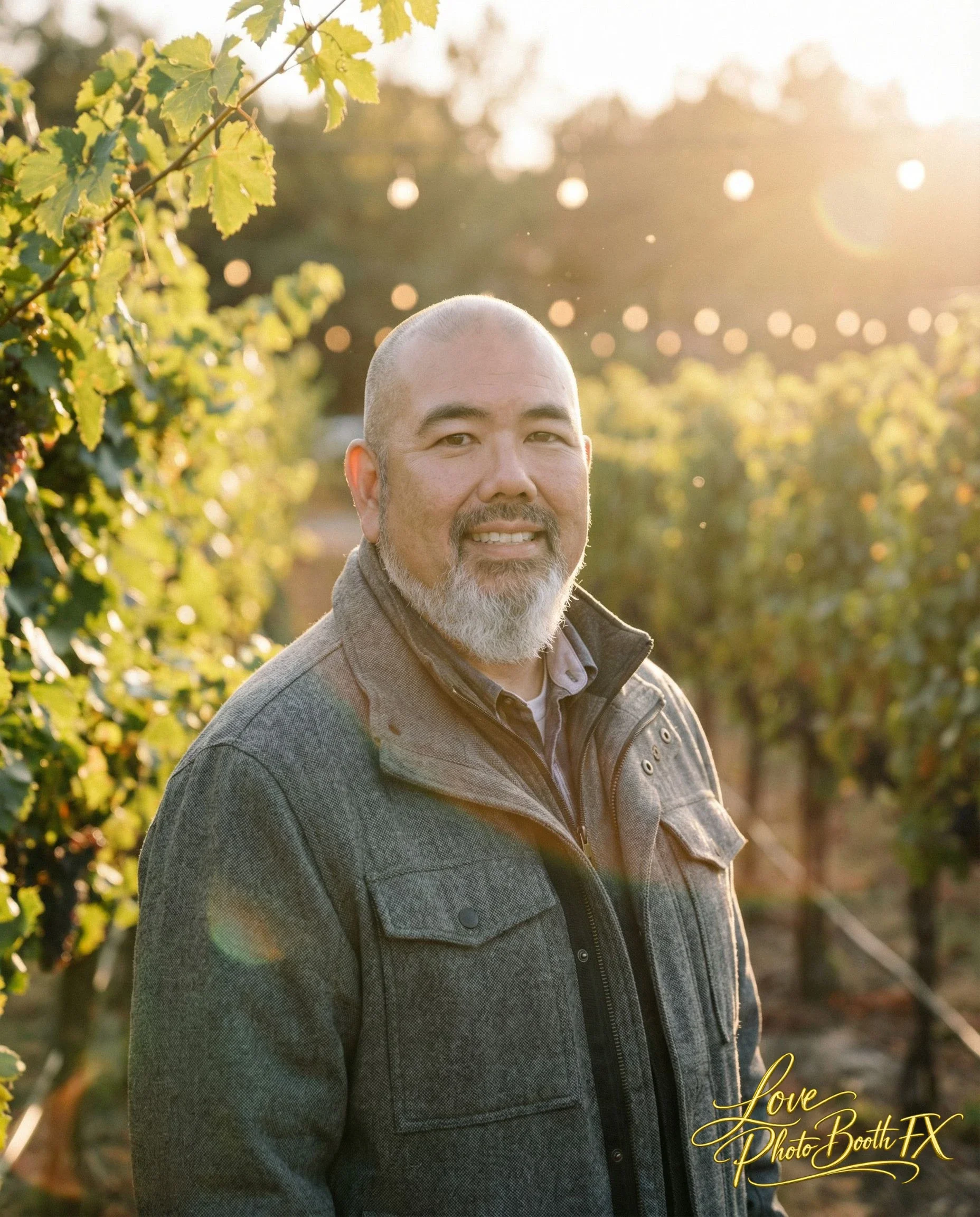 A smiling man with a gray beard and shaved head standing outdoors among grapevines during sunset with string lights in the background.