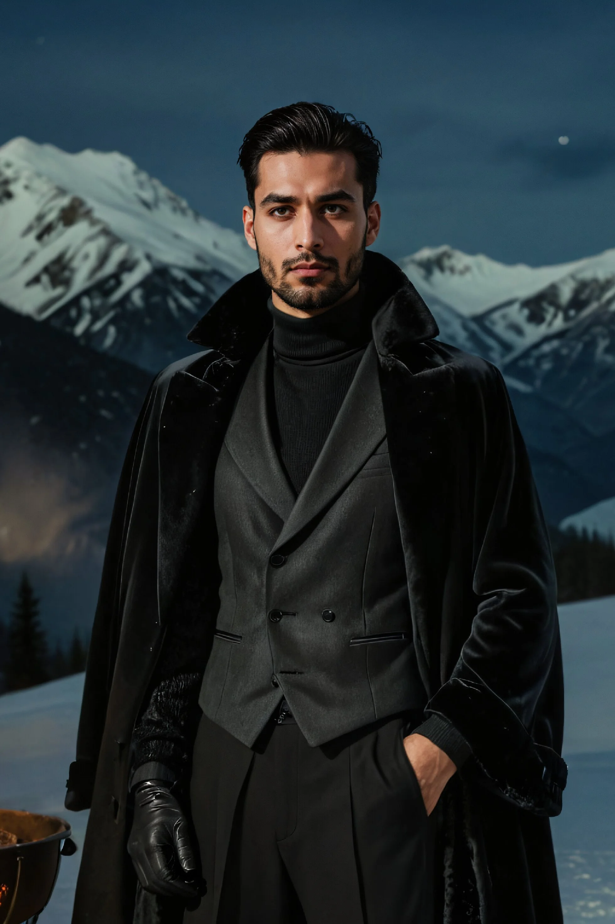 A man in black and gray winter fashion standing outdoors in a snowy mountainous landscape.