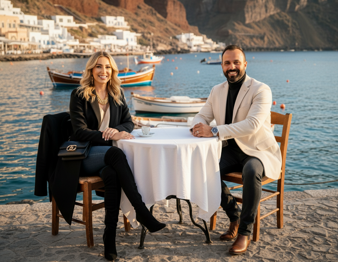 A smiling man and woman sit at a table with a white tablecloth on a waterfront promenade, with boats docked on the water and a hillside with white buildings in the background.