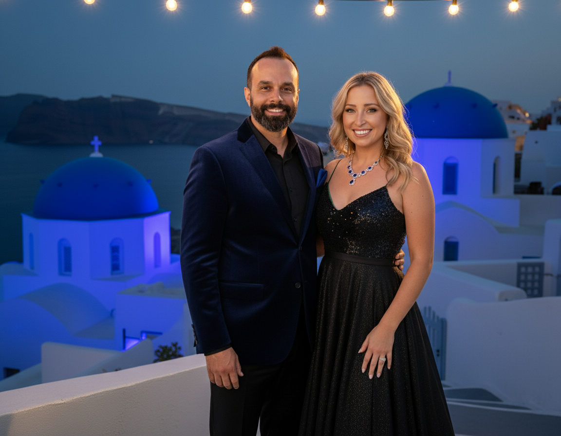 A couple dressed in formal evening wear standing on a terrace at dusk, with white buildings and blue-domed roofs in the background, illuminated by string lights overhead.