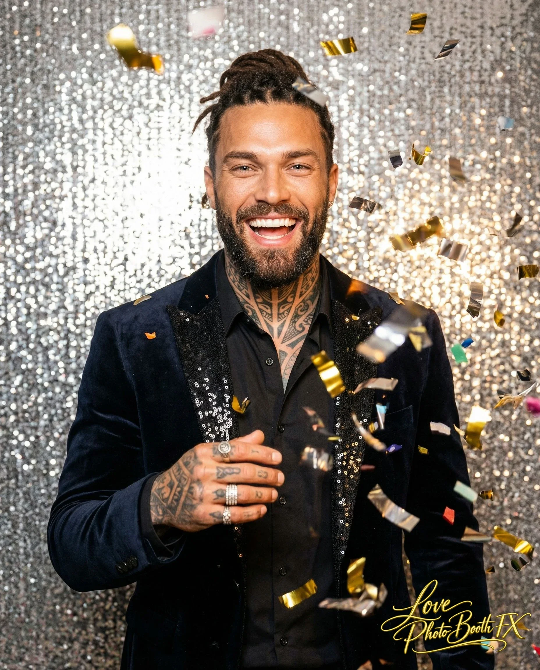 A smiling man with a beard, tattoos, and tattoos on his fingers, dressed in a black shirt and a dark blazer with sequin accents, standing in front of a sparkling silver backdrop, surrounded by falling gold and silver confetti.