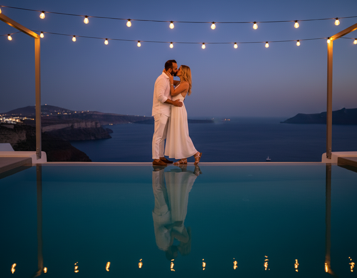 A couple in white clothing sharing a kiss on a terrace with string lights, overlooking the ocean at dusk, with reflections in a pool.