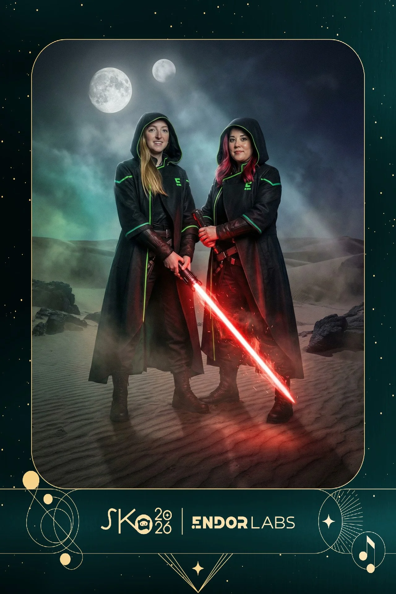 Two women dressed as Star Wars characters, standing on a desert landscape at night with a full moon and two moons in the sky. One woman holds a red lightsaber. The image has a space-themed border with the logos 'SKO 2026' and 'Endor Labs'.
