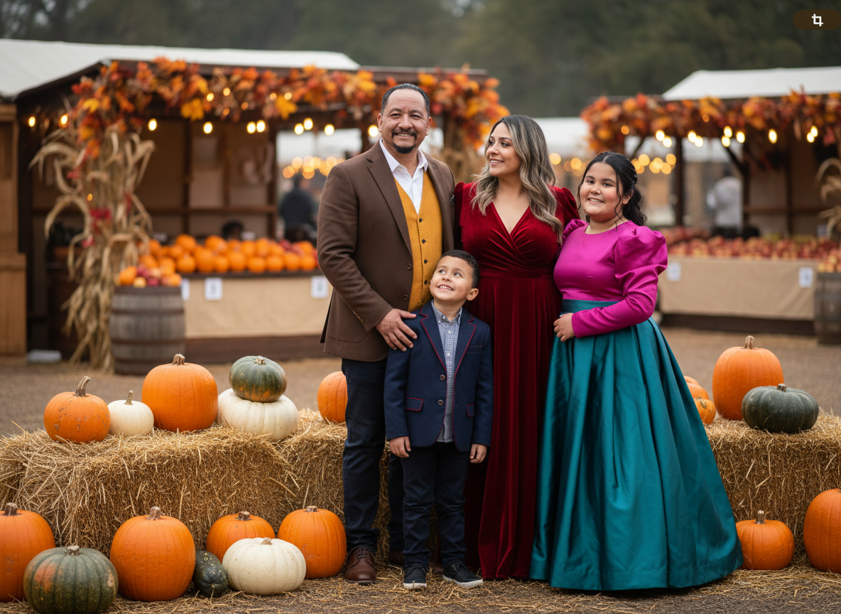 Family standing at a pumpkin patch, smiling, surrounded by pumpkins and fall decorations.