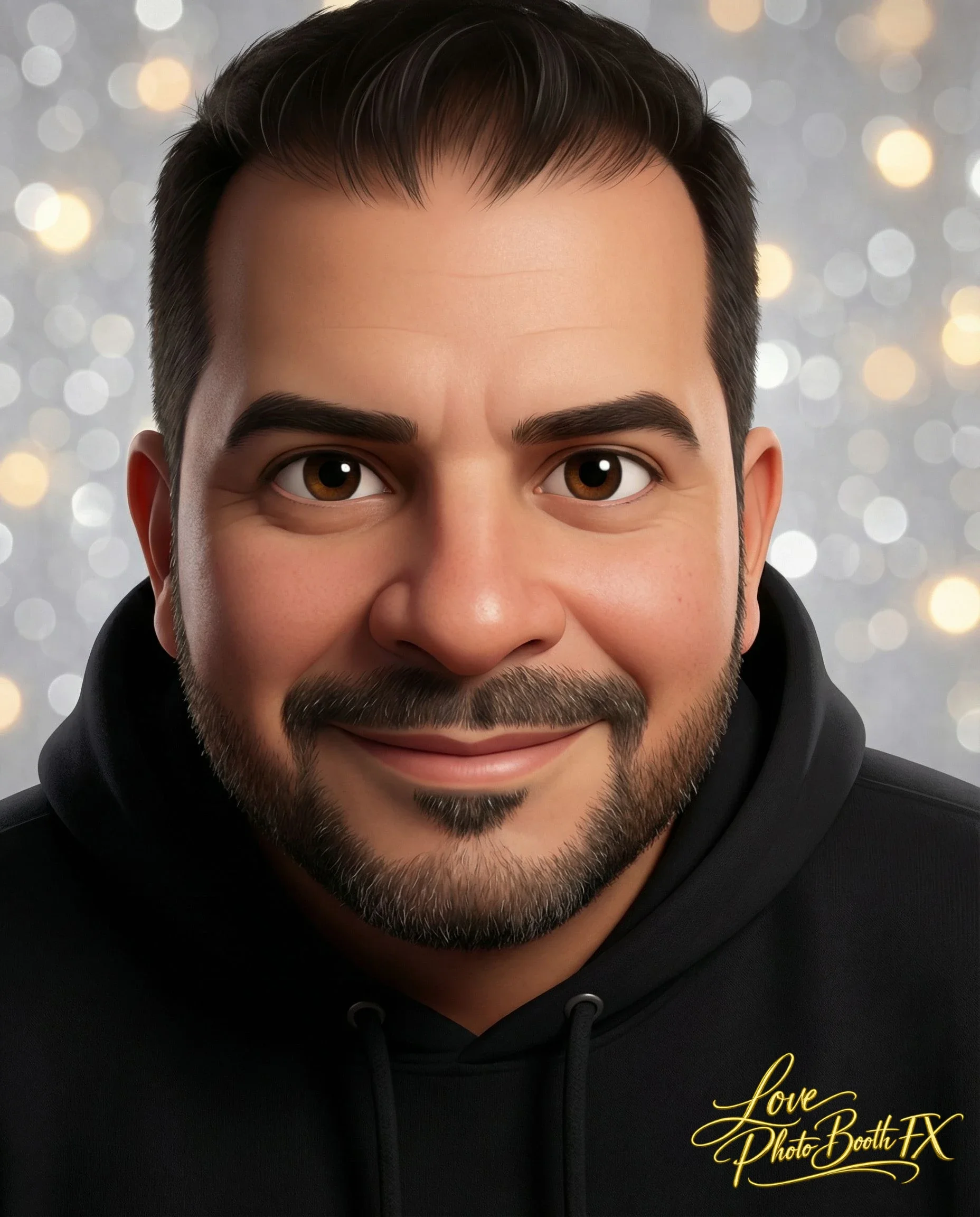 Close-up portrait of a smiling man with brown eyes, dark hair, and a beard, wearing a black hoodie, in front of a bokeh background with the text Love Photo Booth FX in yellow cursive.