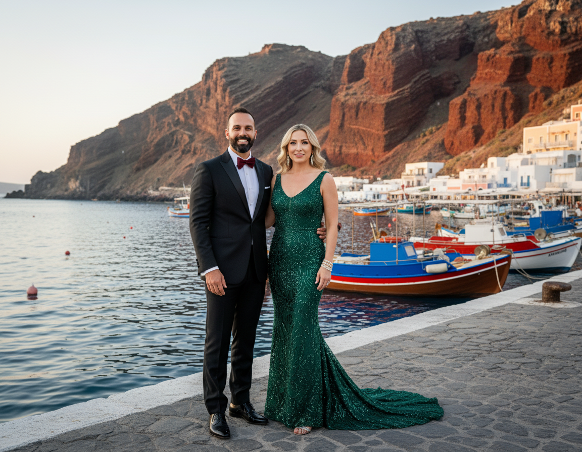 A man and woman dressed in formal attire standing by a harbor with boats and a coastal town and mountains in the background