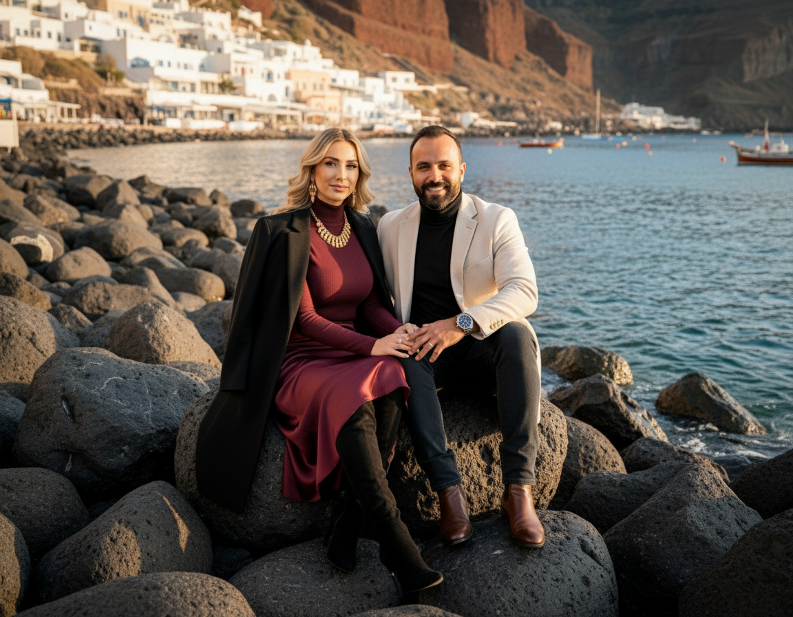 A couple sitting on rocks near the water with a coastal town and mountains in the background, both dressed stylishly and smiling at the camera.