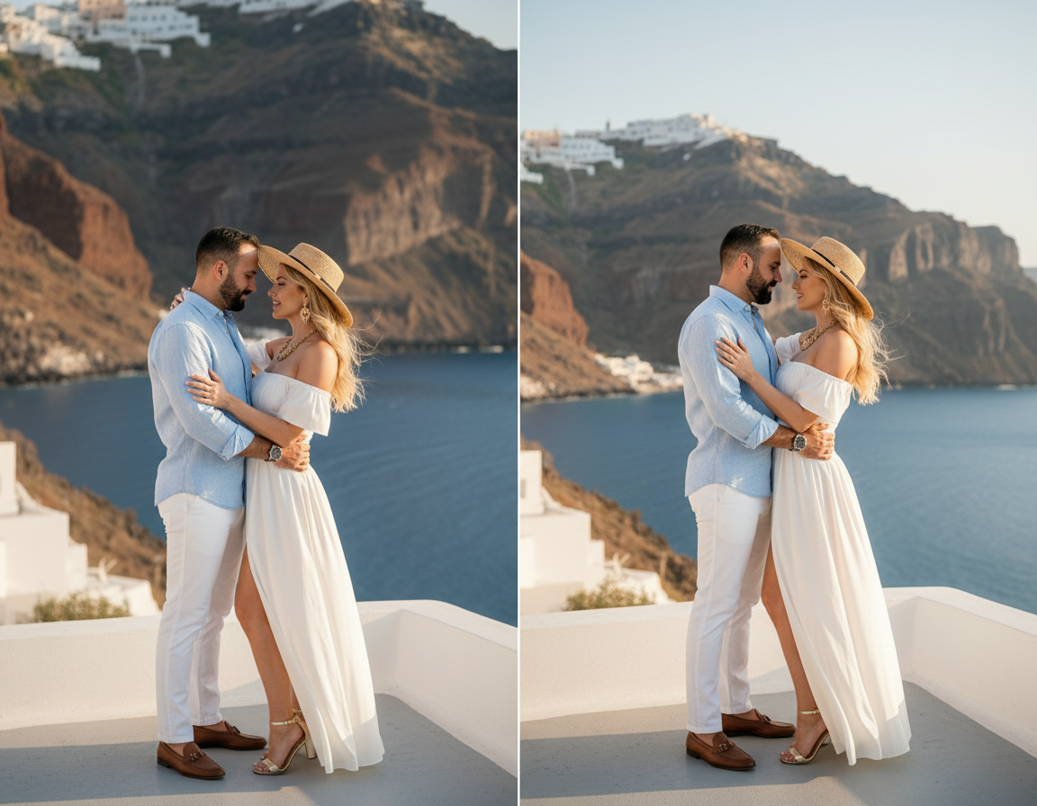A man and woman are standing close together, gazing into each other's eyes on a terrace with a scenic water and mountain landscape in the background. The man is dressed in a light blue dress shirt and white pants, while the woman is wearing a white o