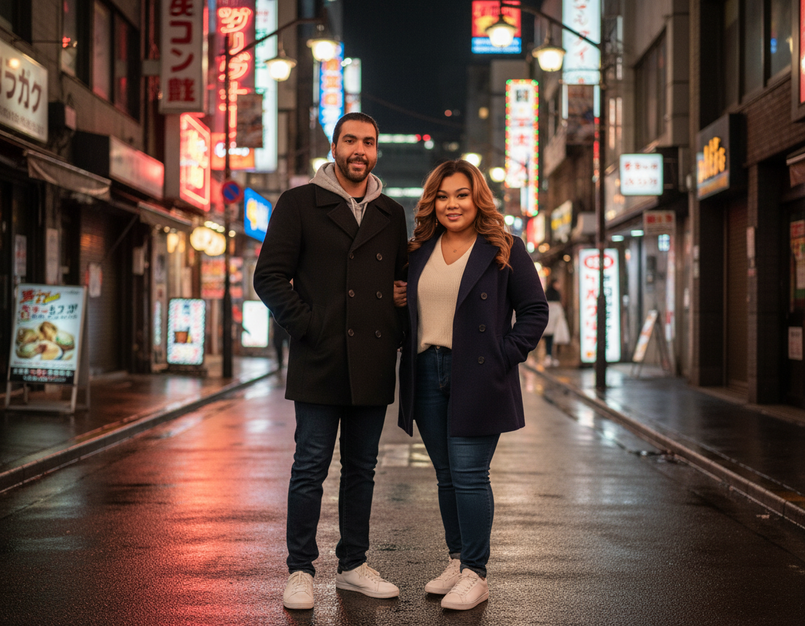 A smiling man and woman standing together on a city street at night, illuminated by colorful neon signs, with a wet pavement reflecting the lights.