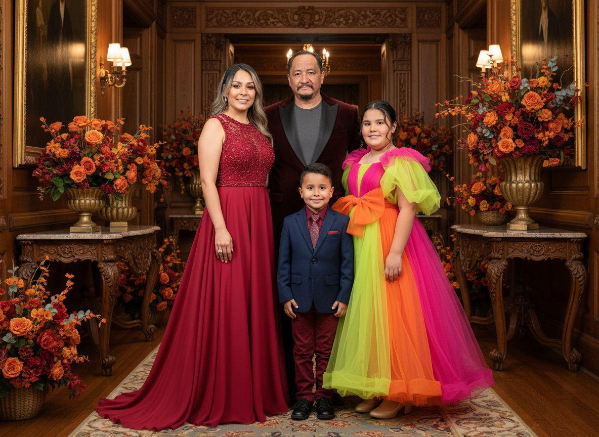 A family of five standing in a decorated room with wooden walls and large floral arrangements, dressed in formal and colorful attire.