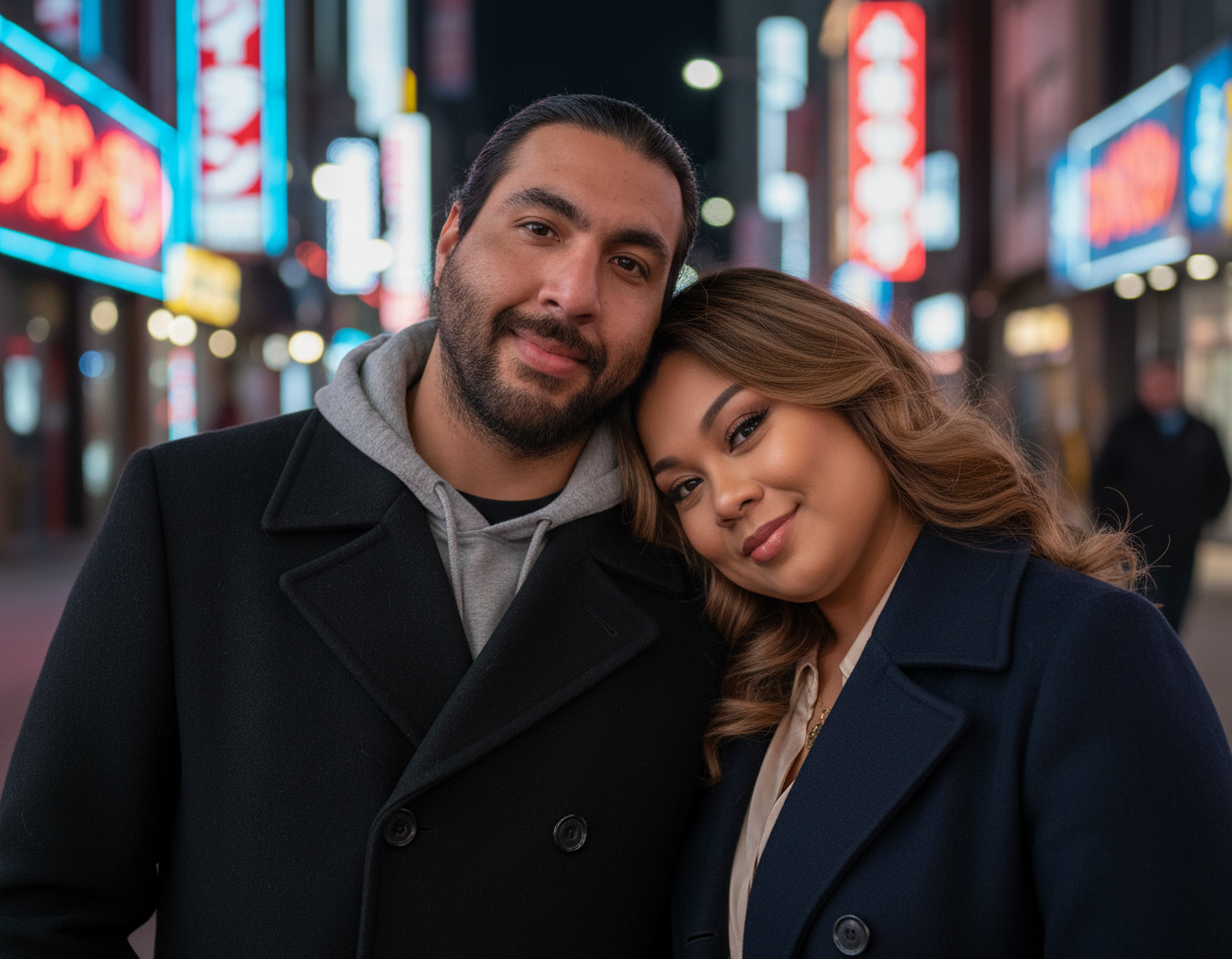 A smiling couple stands close together on a city street at night, with neon signs illuminating the background.