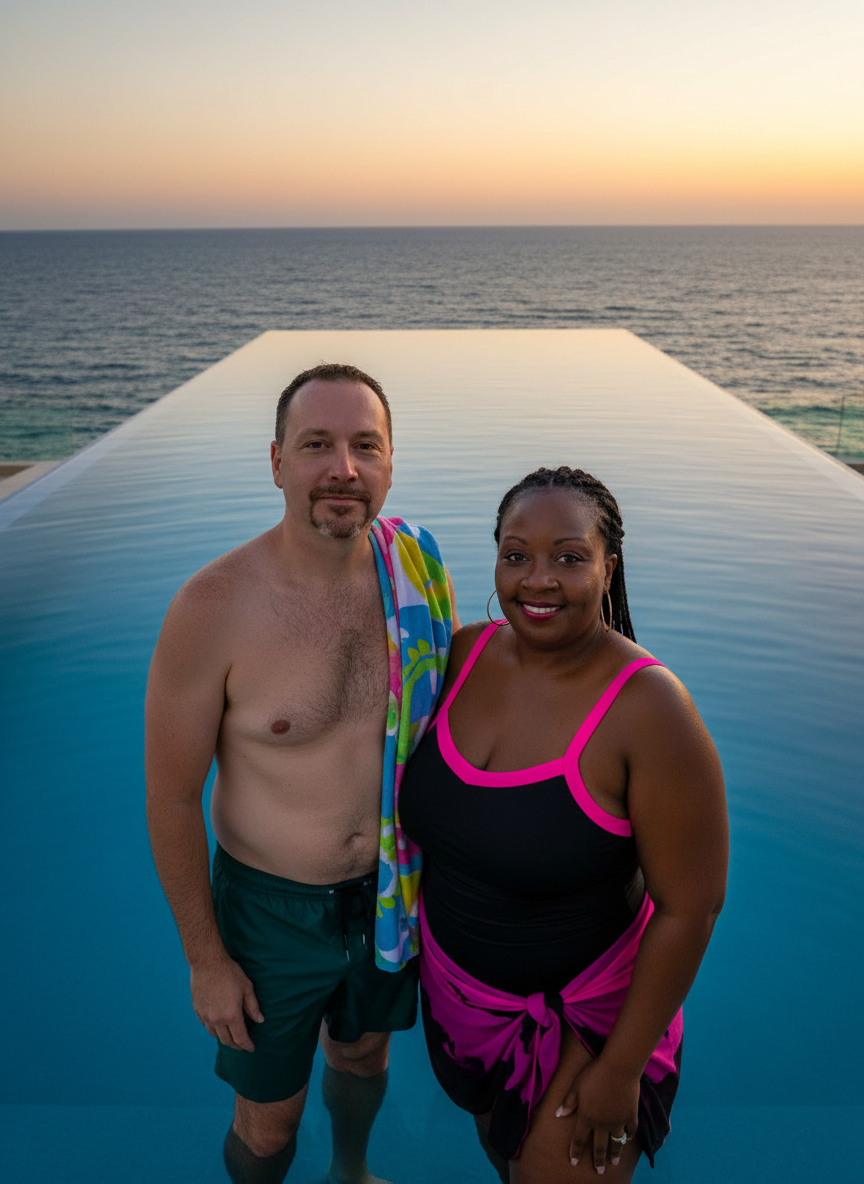 A man and a woman standing at the edge of an infinity pool during sunset, with the ocean and sky in the background.