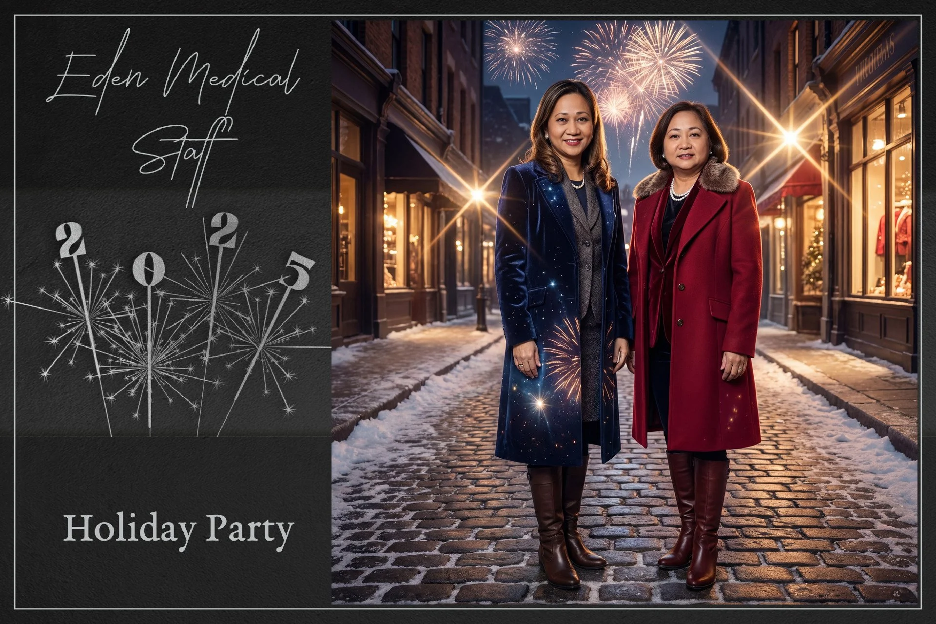 Two women standing on a cobblestone street with snow, celebrating New Year's Eve with fireworks in the night sky, wearing elegant coats, one blue and one red, outside shops with warm lights, for a holiday party.
