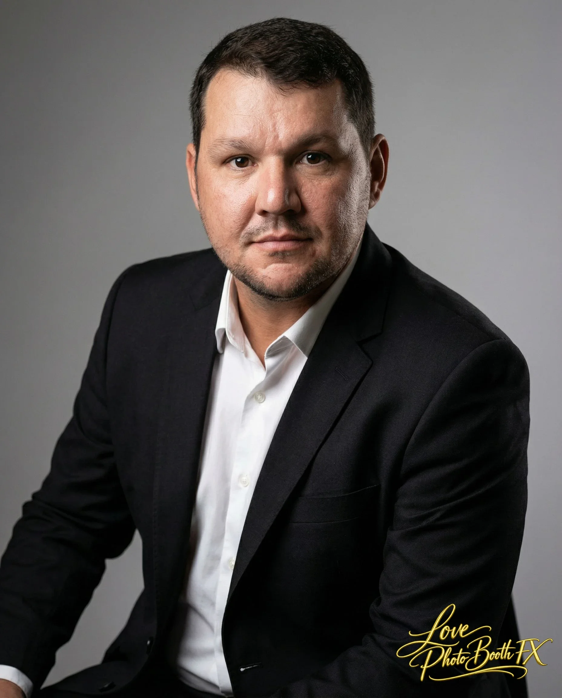 A man with dark hair and a serious expression, wearing a black suit and white shirt, posed against a plain gray background. The bottom right corner has a gold cursive logo that reads "Love Photo Booth FX."