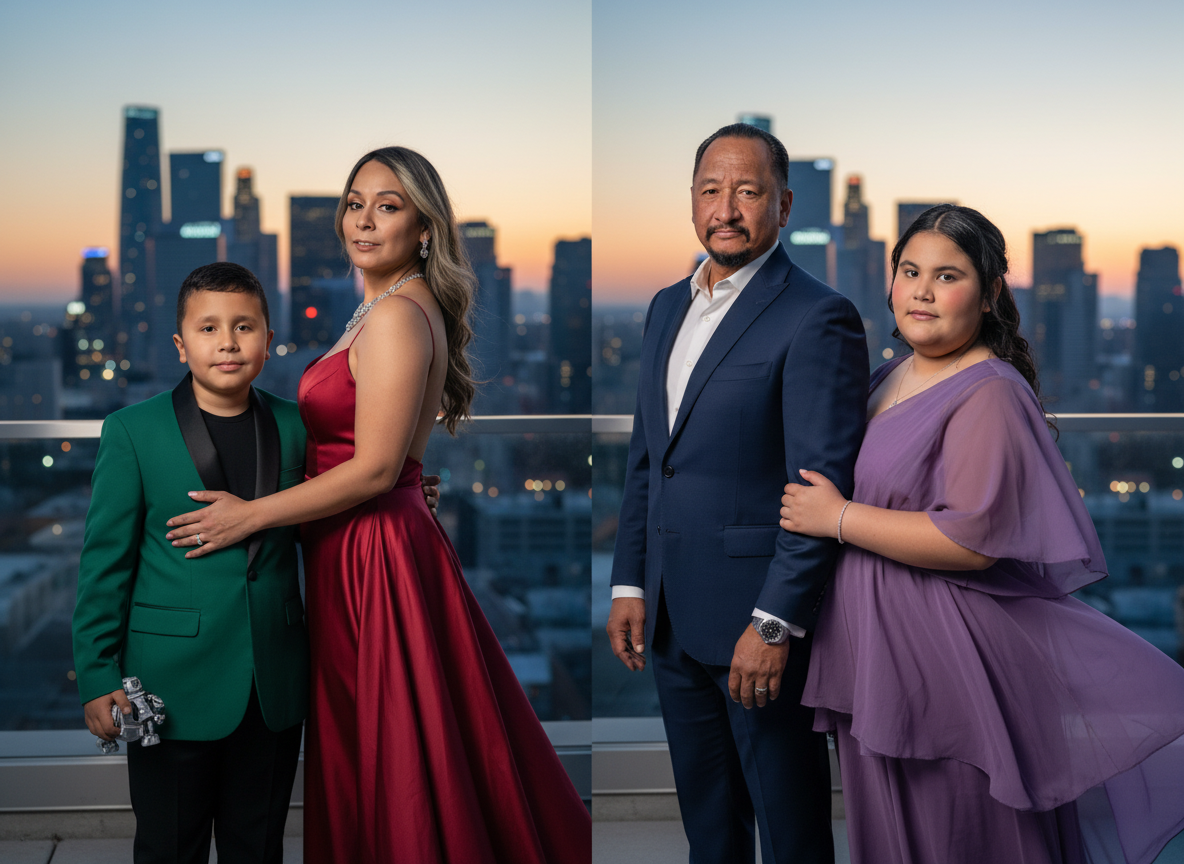 Two families dressed in formal attire standing on a balcony with a city skyline at sunset in the background.