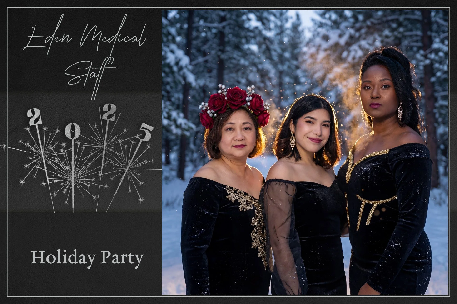 Three women dressed in black velvet dresses stand outdoors in a snowy forest at sunset, with a celebratory graphic on the left side reading 'Eden Medical Staff Holiday Party' with fireworks and the year 2025.