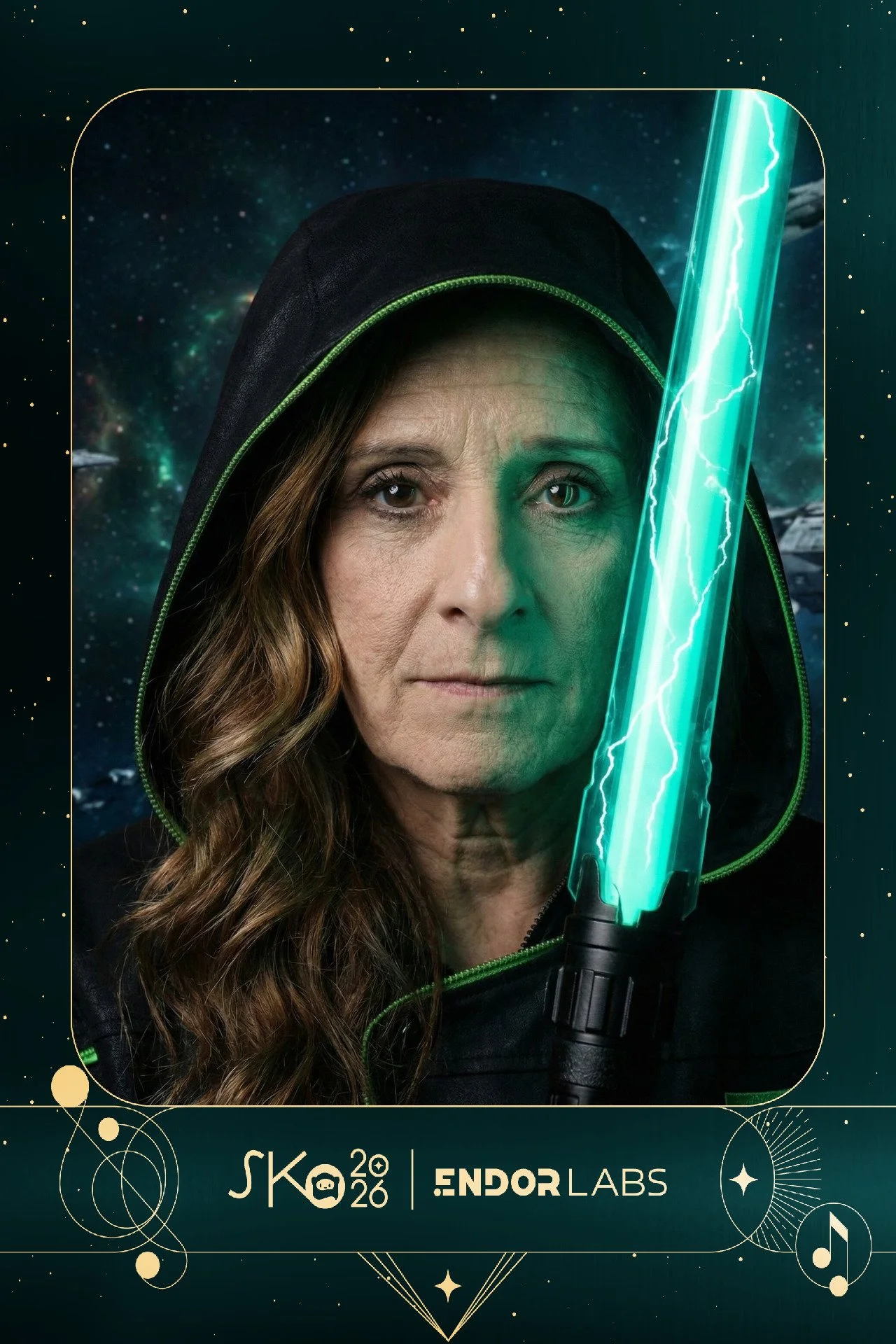 A woman with long brown hair wearing a black hoodie with green trim. She has a glowing blue lightsaber with lightning effects in front of her face. The background shows a space scene with stars and planets. Text at the bottom reads 'SKO 2026 | ENDOR 
