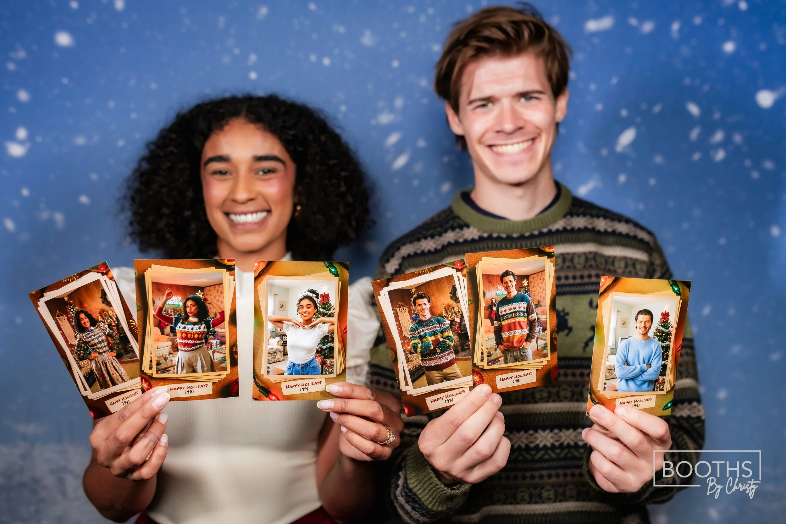 A smiling man and woman holding photo strips of their holiday photos in front of a blue background with snow effects.
