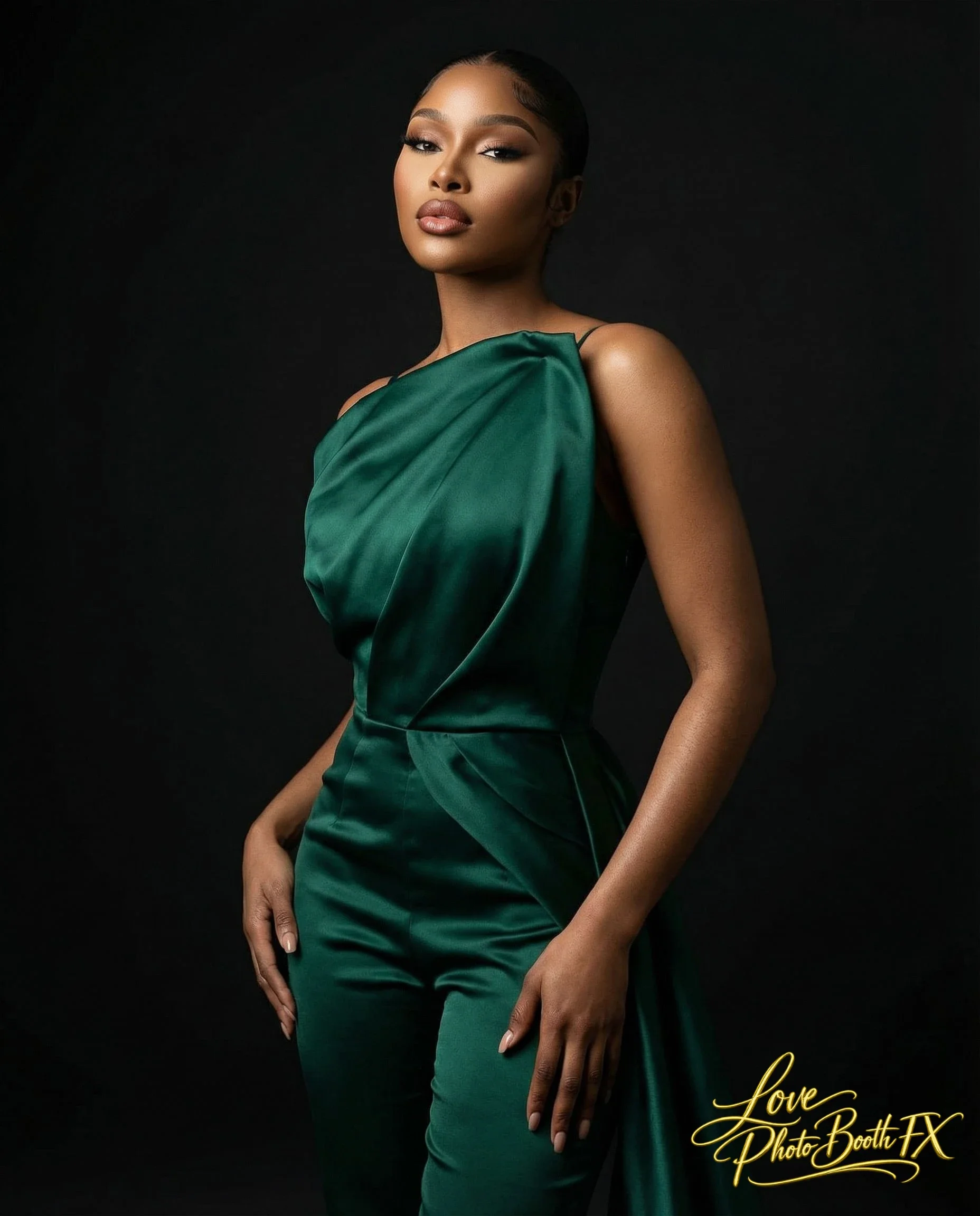 A woman in a dark green satin dress posing against a black background.