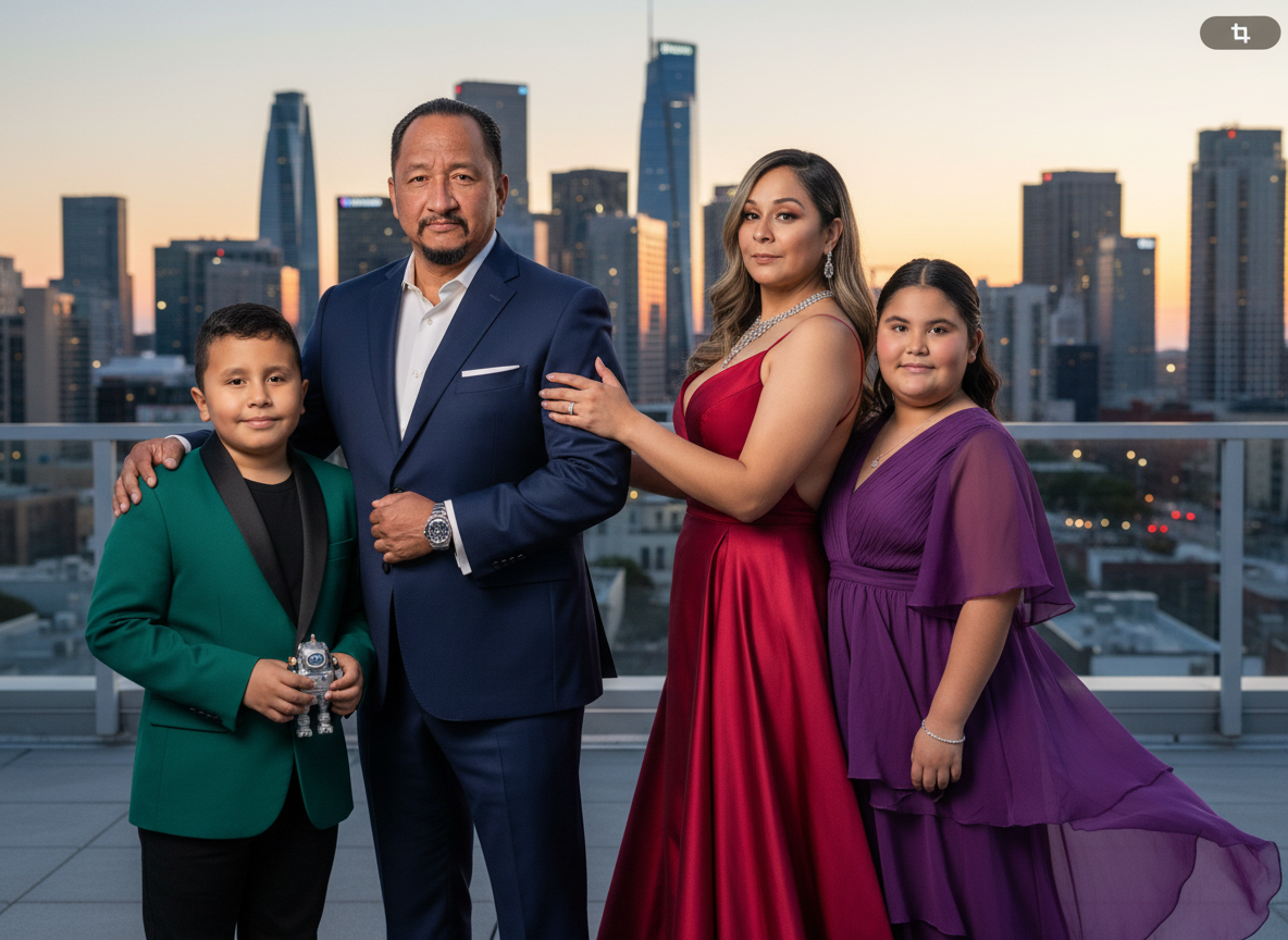 A family of four standing on a rooftop balcony with a city skyline in the background at sunset, dressed in formal evening wear.