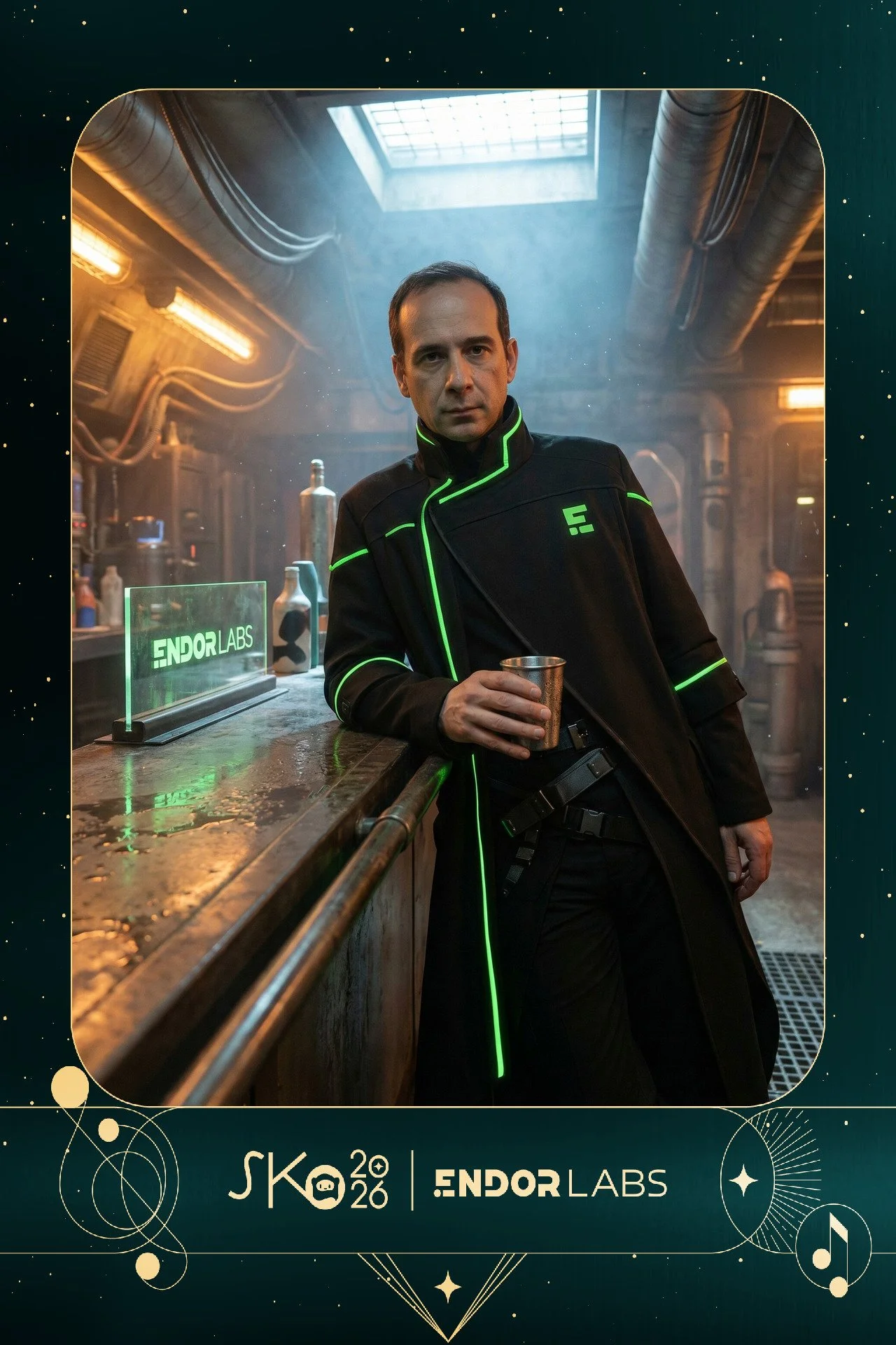 A man in a black futuristic coat with green glowing accents sitting at a bar in a sci-fi setting, holding a metal cup, with industrial pipes and a glowing sign that reads 'ENDOR LABS' in the background.