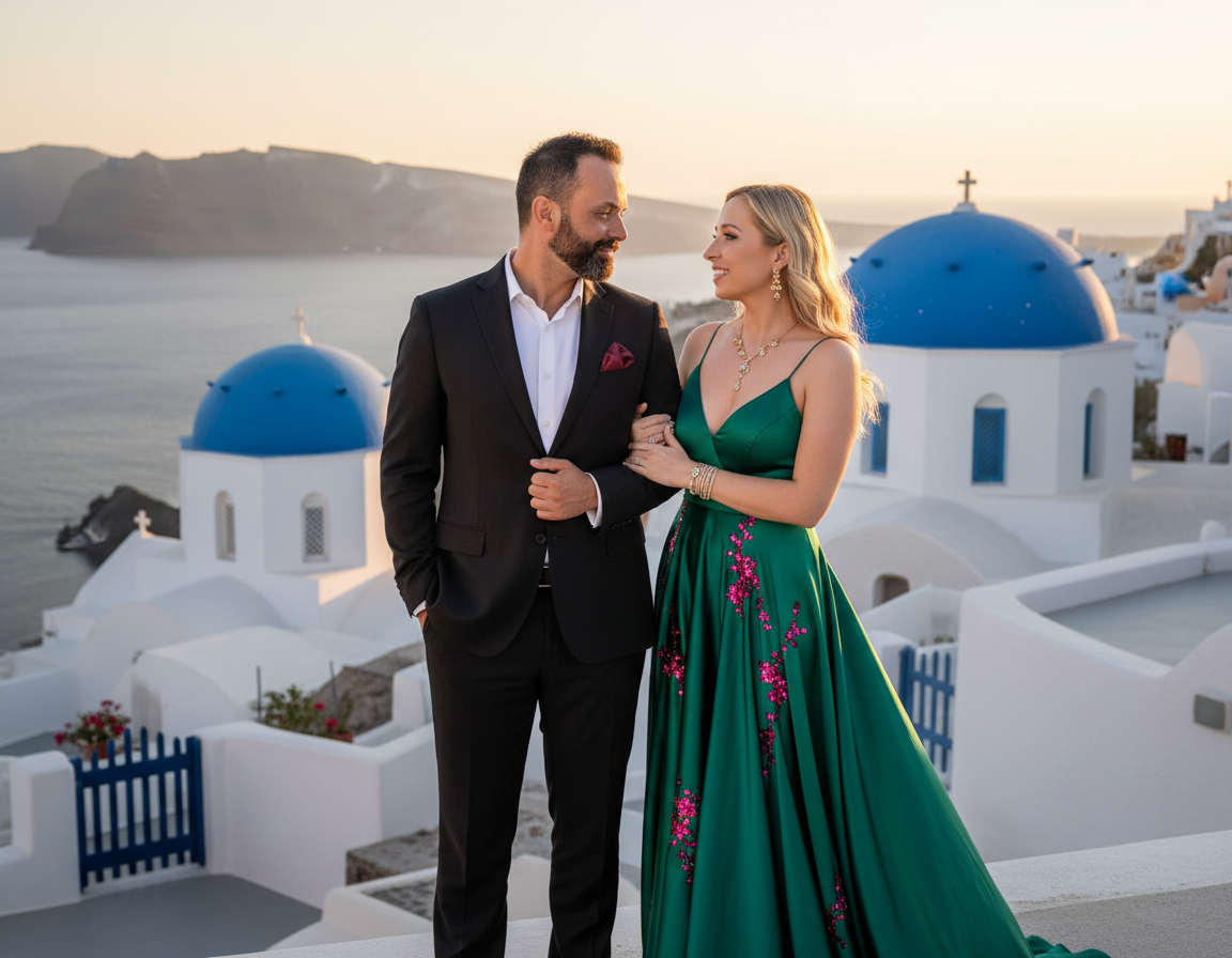 A couple in formal attire standing close together against a scenic seaside background with white buildings and blue-domed roofs, during sunset.