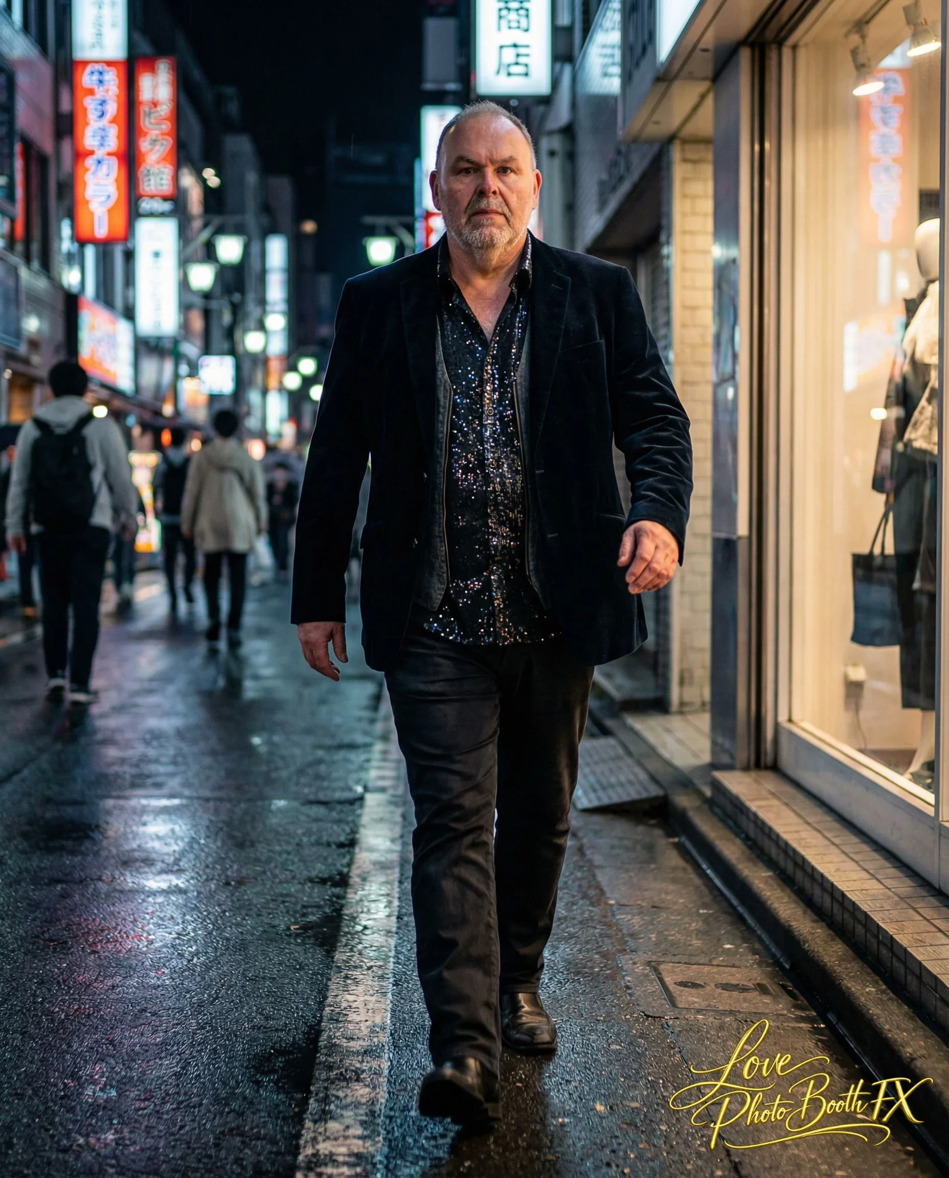 A man walks alone on a rainy street at night, illuminated by colorful neon signs and storefront lights.