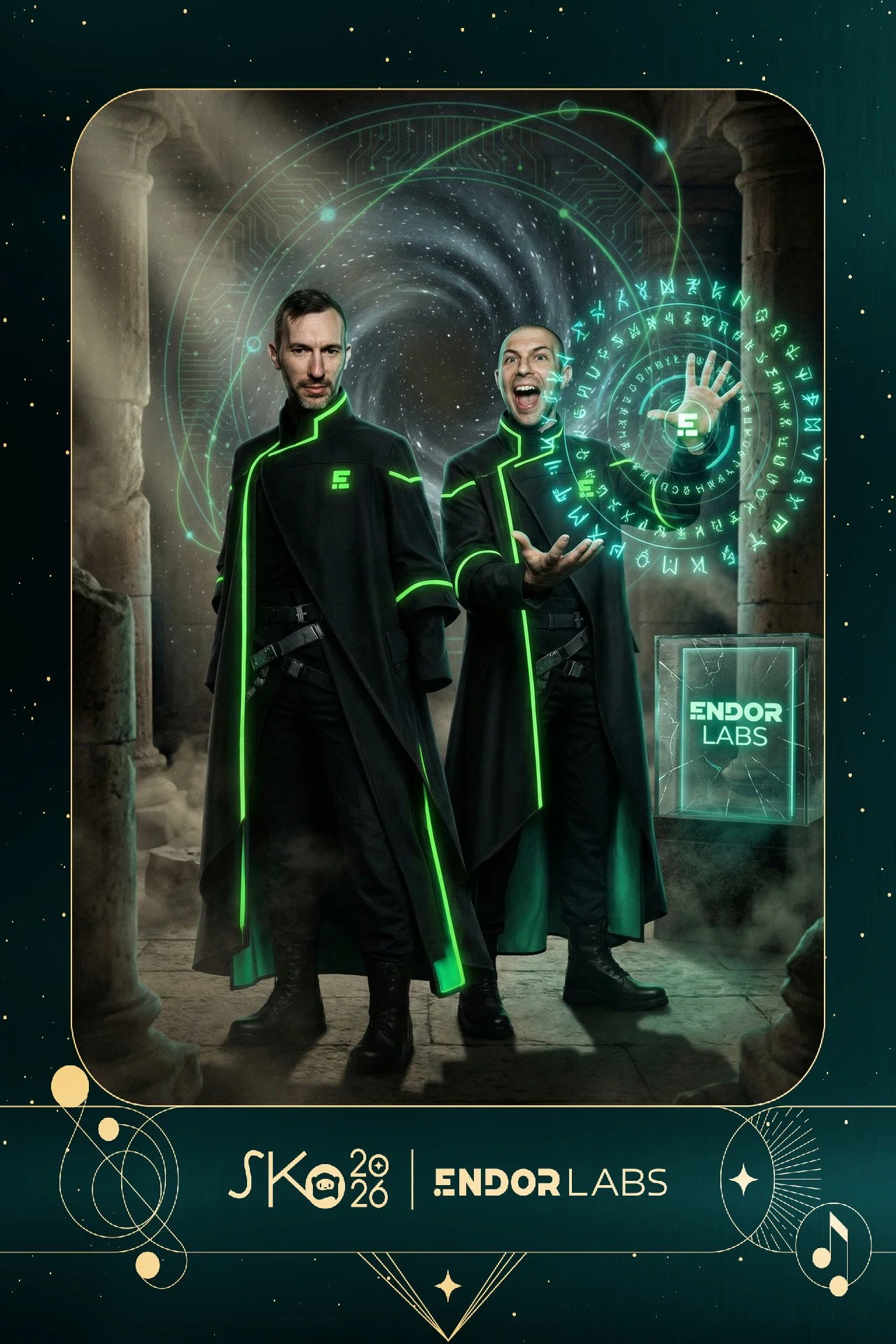 Two men in black robes with green glowing lines and symbols, standing in front of a swirling black hole or portal. One man is pointing towards a holographic display with glowing blue symbols, and the other is looking forward. There is a sign that rea