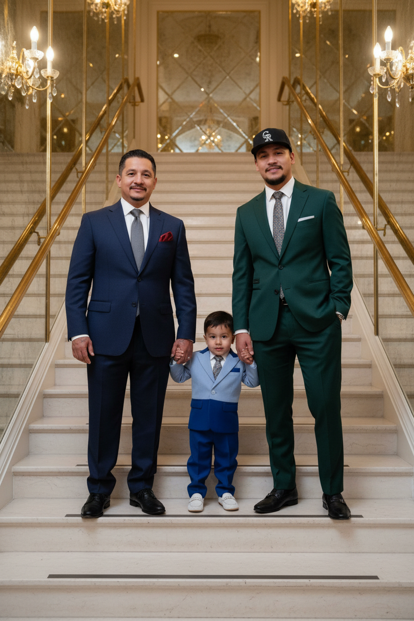 Three generations of males, a young boy and two adult men, dressed in formal suits, standing on a grand staircase inside an elegant building with chandeliers and mirror decorations.