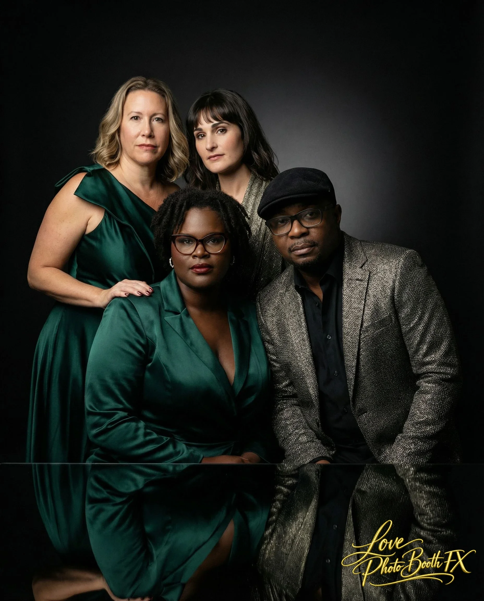 Four diverse individuals, two women and two men, dressed in elegant clothing, posing against a black backdrop for a professional photo shoot.