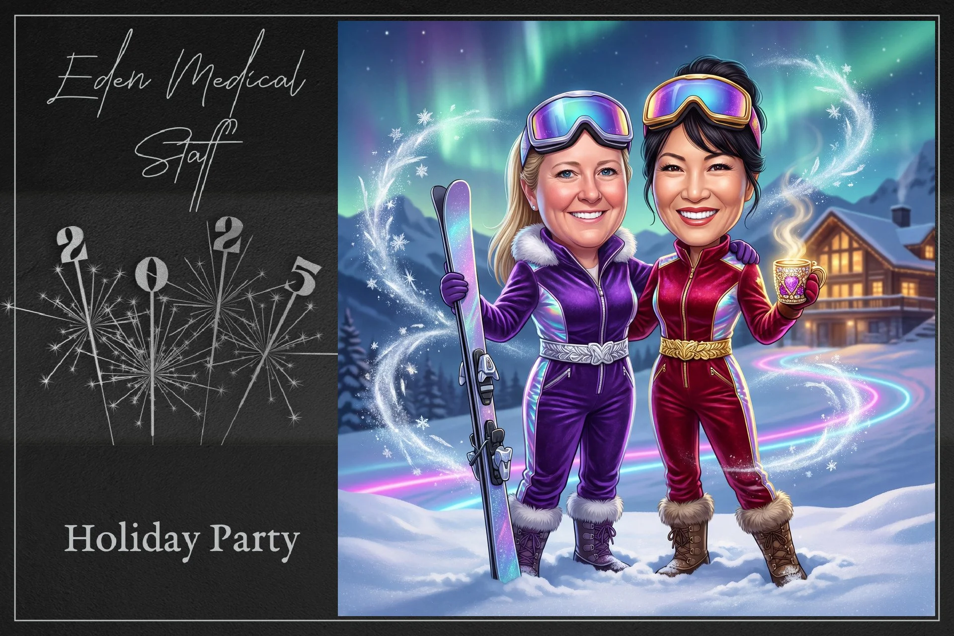 A holiday party invitation with a cartoon illustration of two women in colorful winter ski outfits, holding skis and a coffee mug, standing in a snowy landscape with northern lights in the sky.