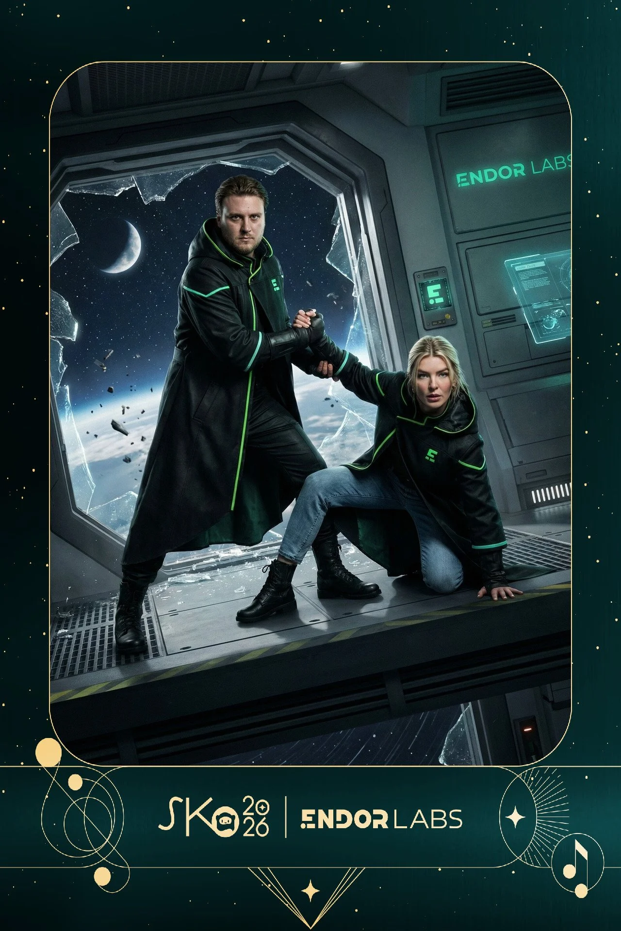 Two people in futuristic clothing fighting in a space station with a view of Earth and space outside the window