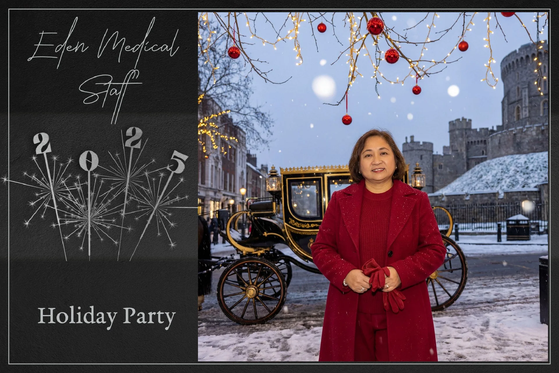 A woman in a red coat and gloves stands outdoors in front of a black and gold carriage with a snow-covered background, decorated with string lights and red ornaments, with a castle in the distance. The image features a holiday party invitation that s