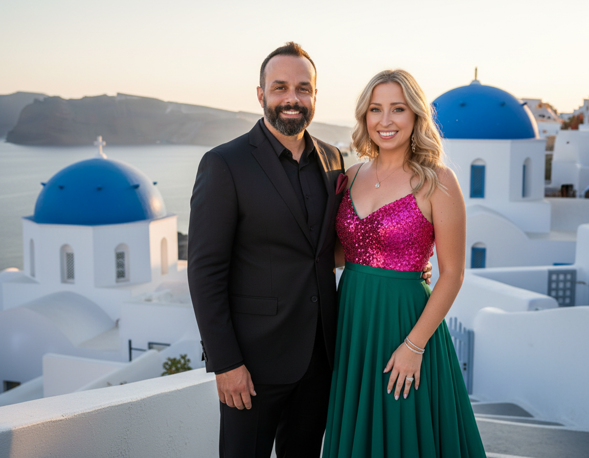A smiling man and woman in formal attire standing on a terrace with white buildings and blue domes in the background at sunset.